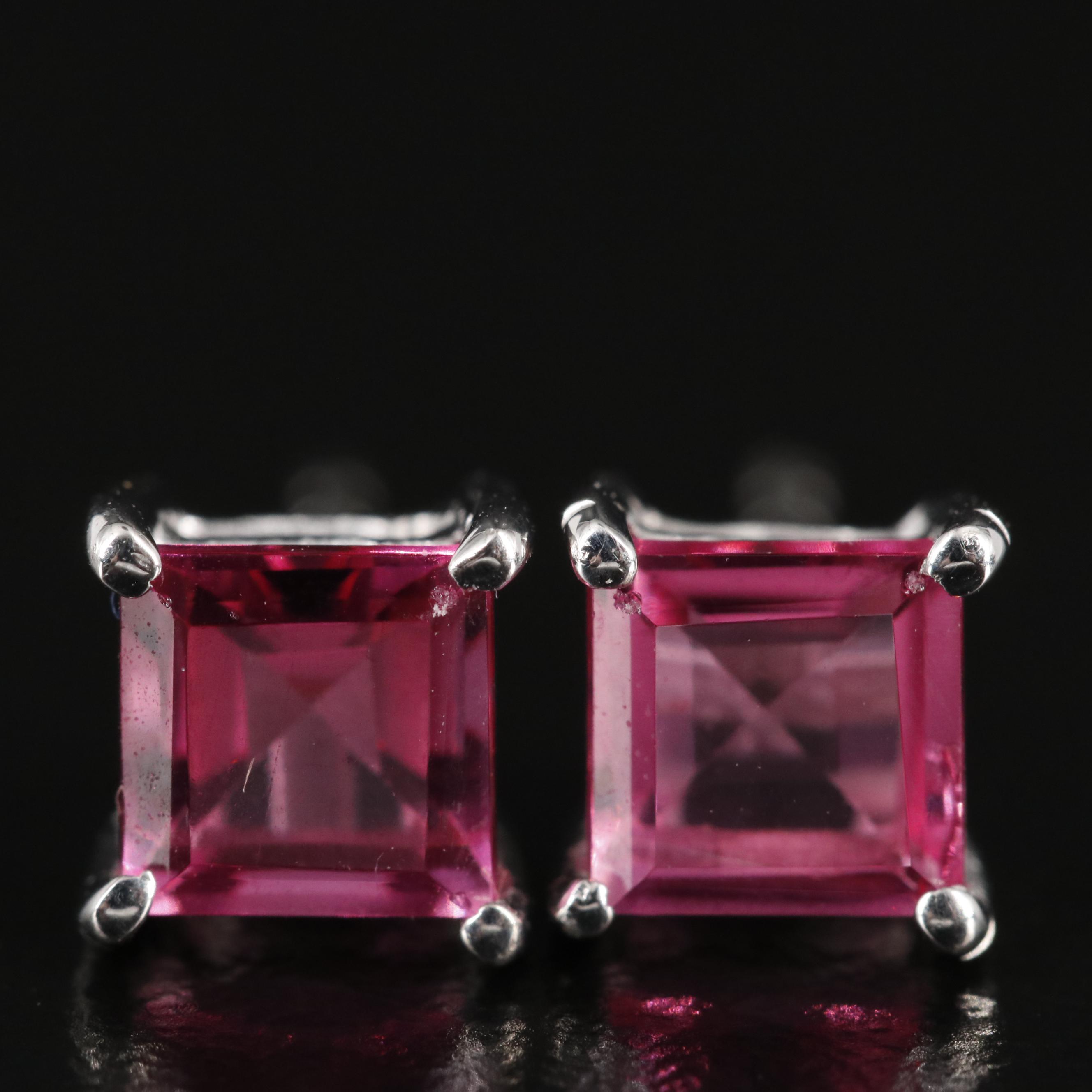 Sterling Pink Sapphire Square Stud Earrings