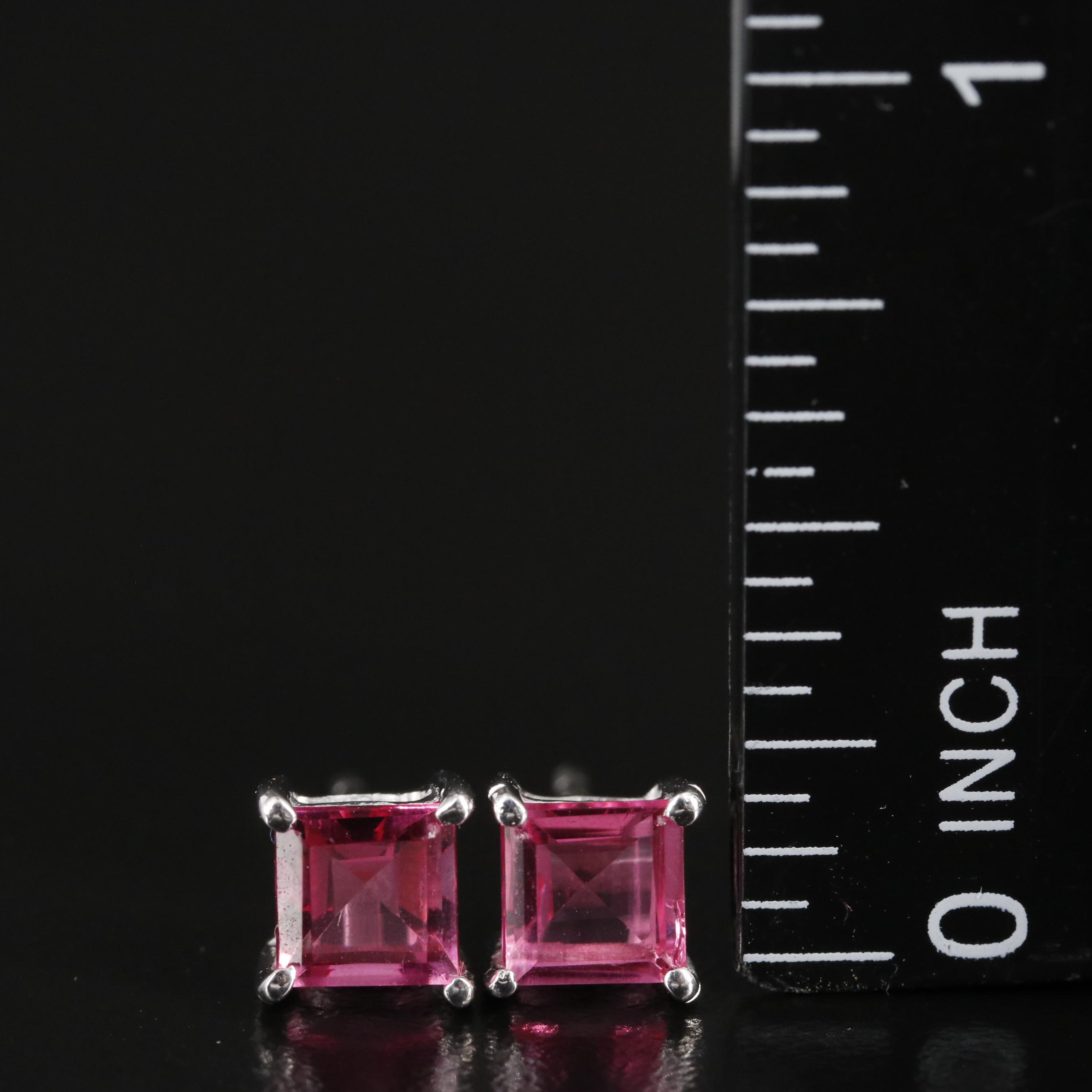 Sterling Pink Sapphire Square Stud Earrings