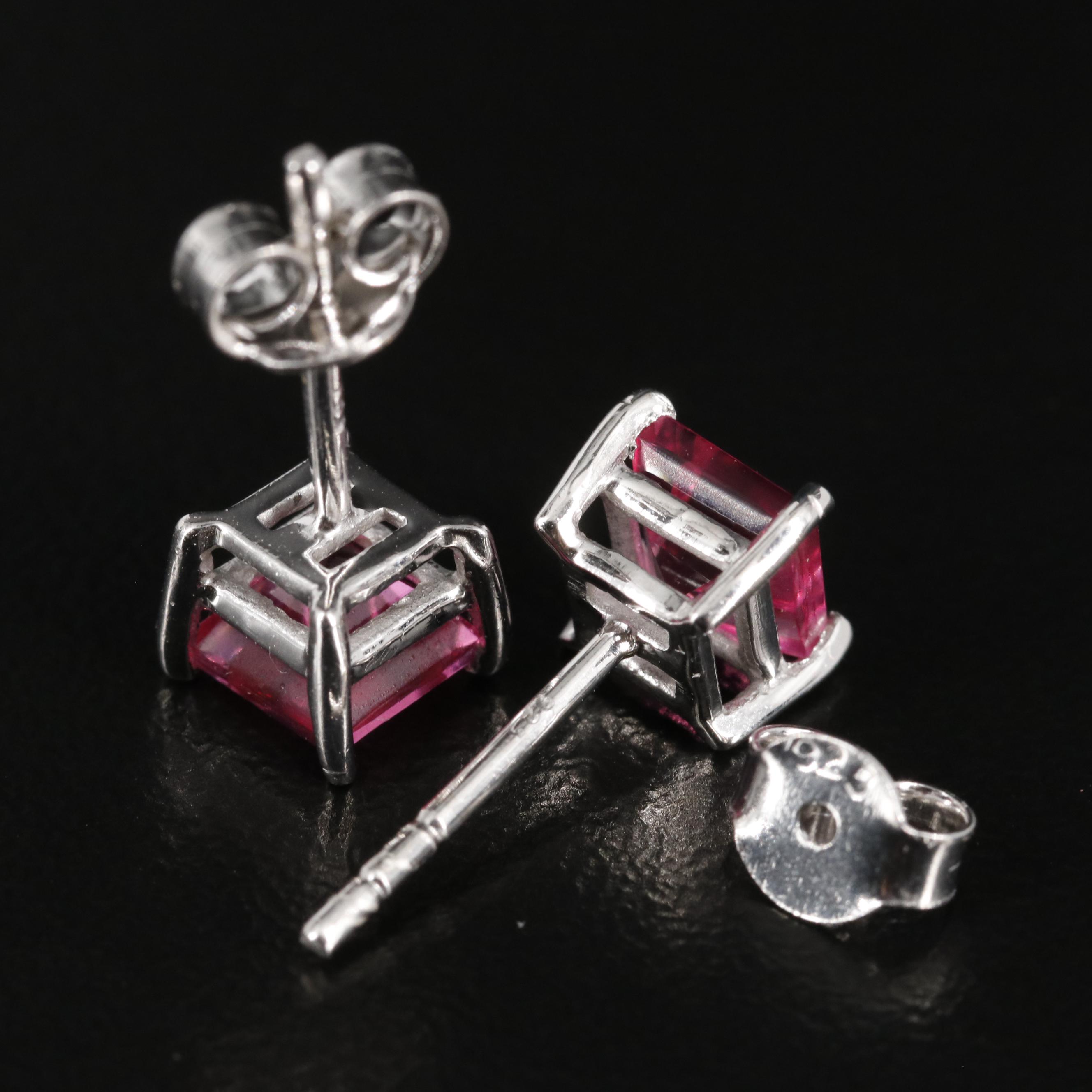 Sterling Pink Sapphire Square Stud Earrings