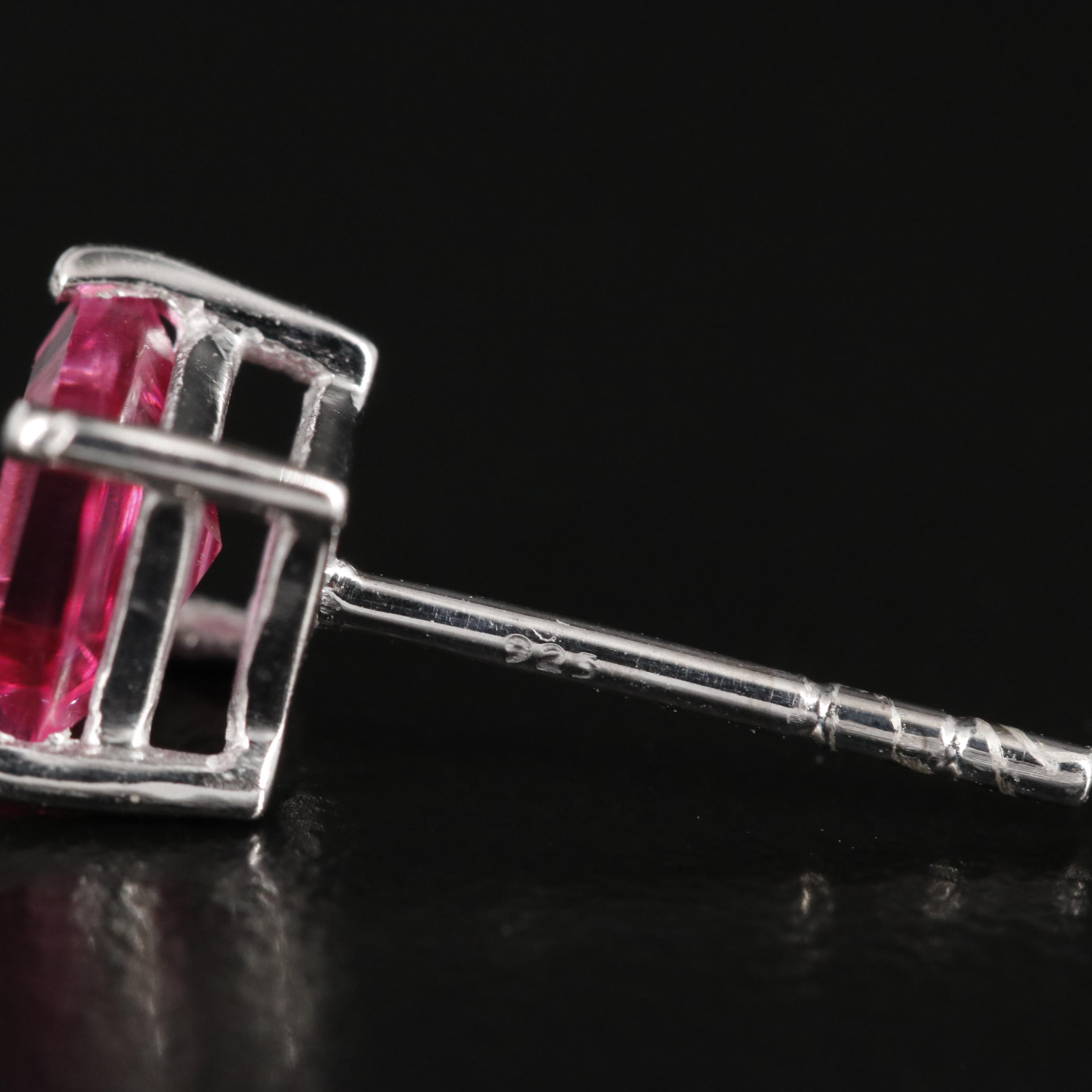 Sterling Pink Sapphire Square Stud Earrings