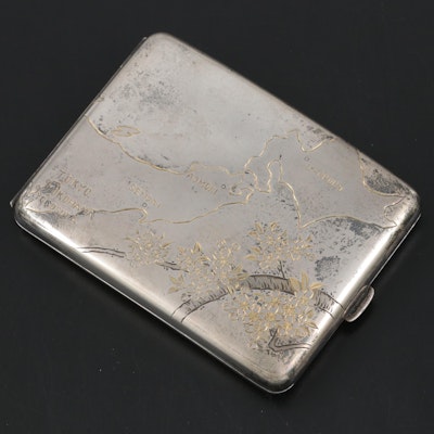 Sterling Silver Cigarette Case with Engraved Map of Japan, Sakura, and Mt. Fuji