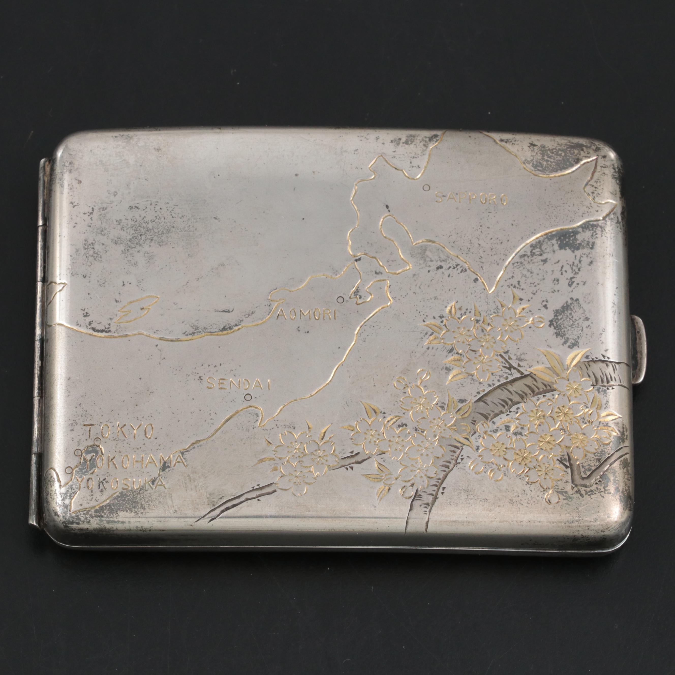 Sterling Silver Cigarette Case with Engraved Map of Japan, Sakura, and Mt. Fuji