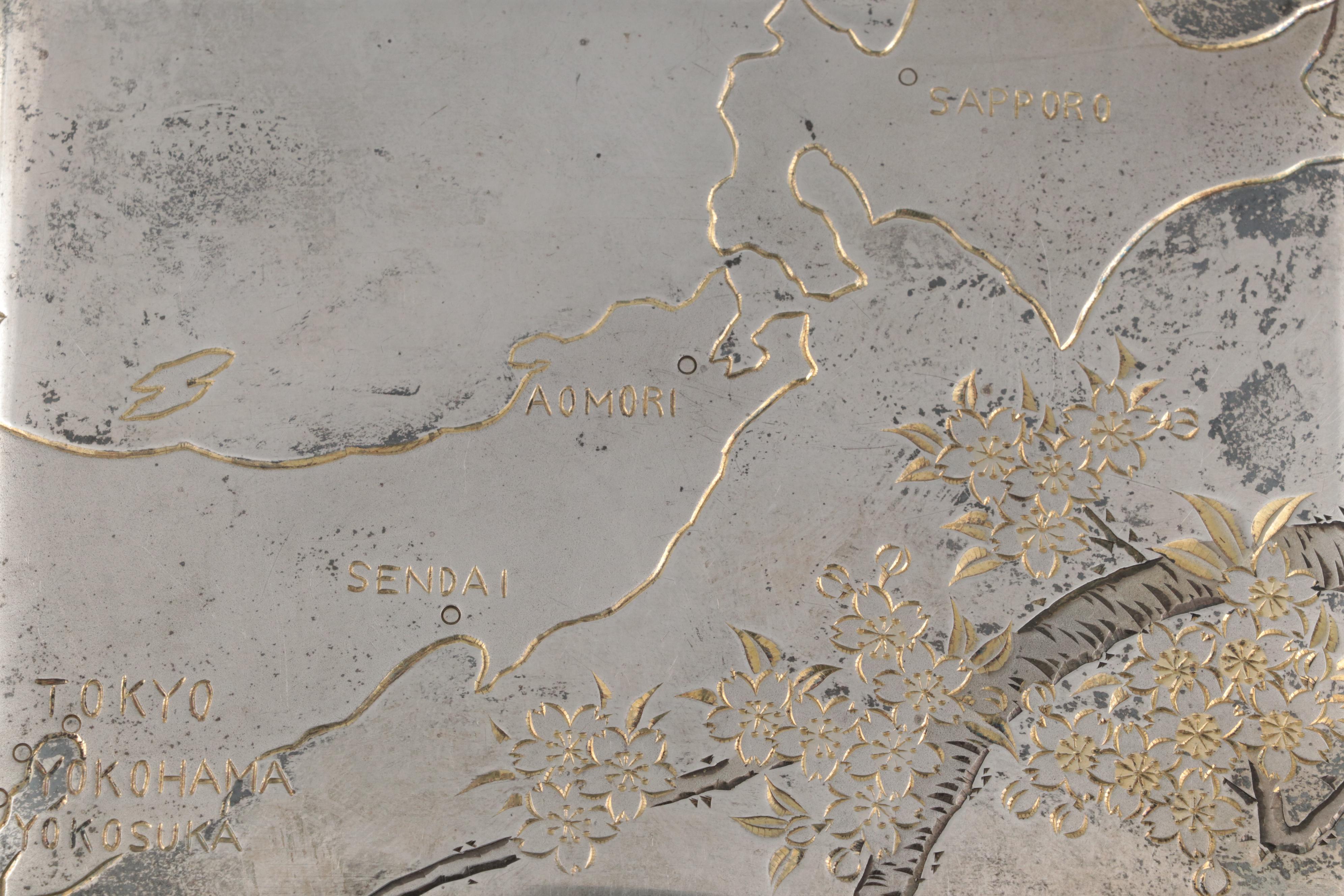 Sterling Silver Cigarette Case with Engraved Map of Japan, Sakura, and Mt. Fuji