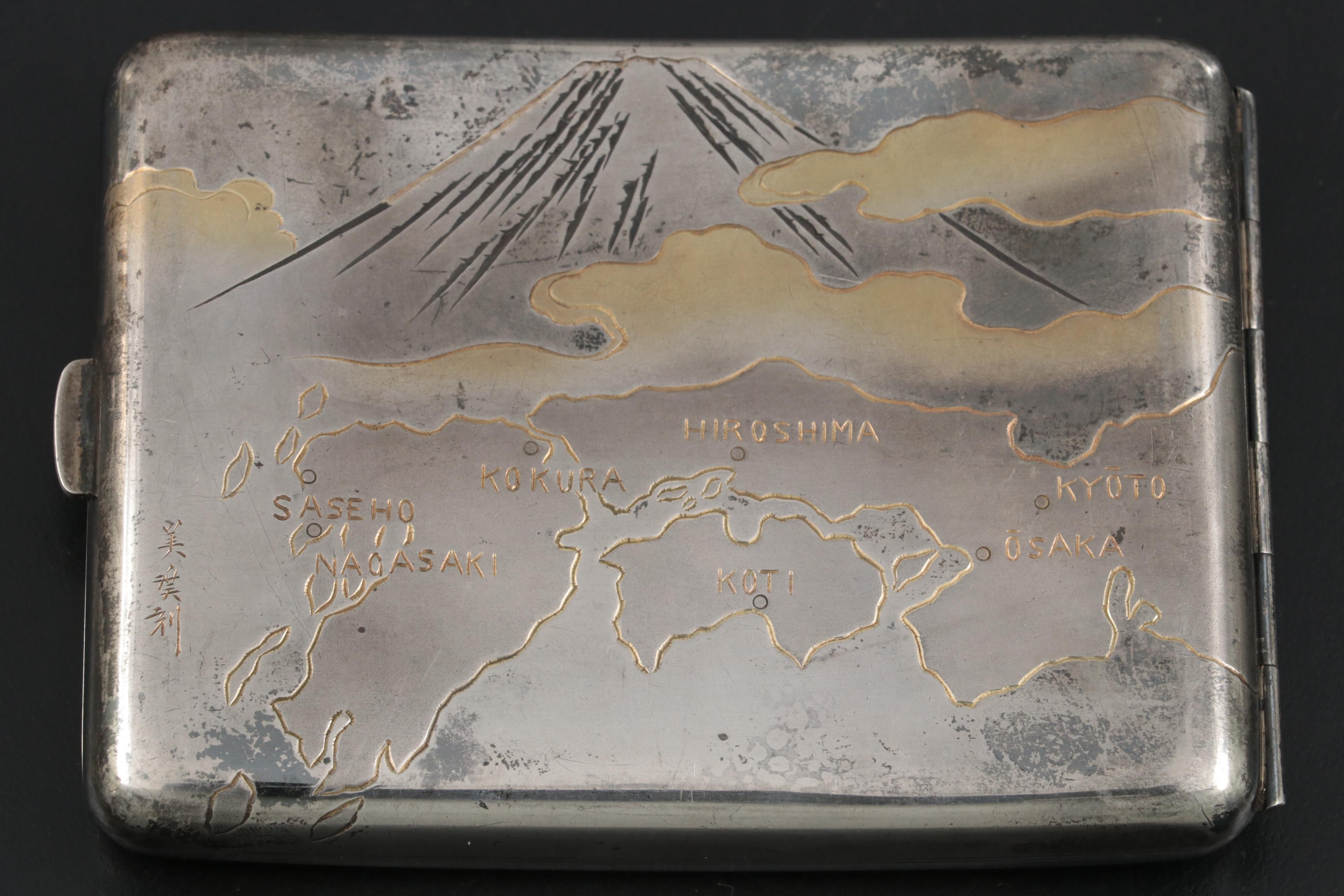 Sterling Silver Cigarette Case with Engraved Map of Japan, Sakura, and Mt. Fuji