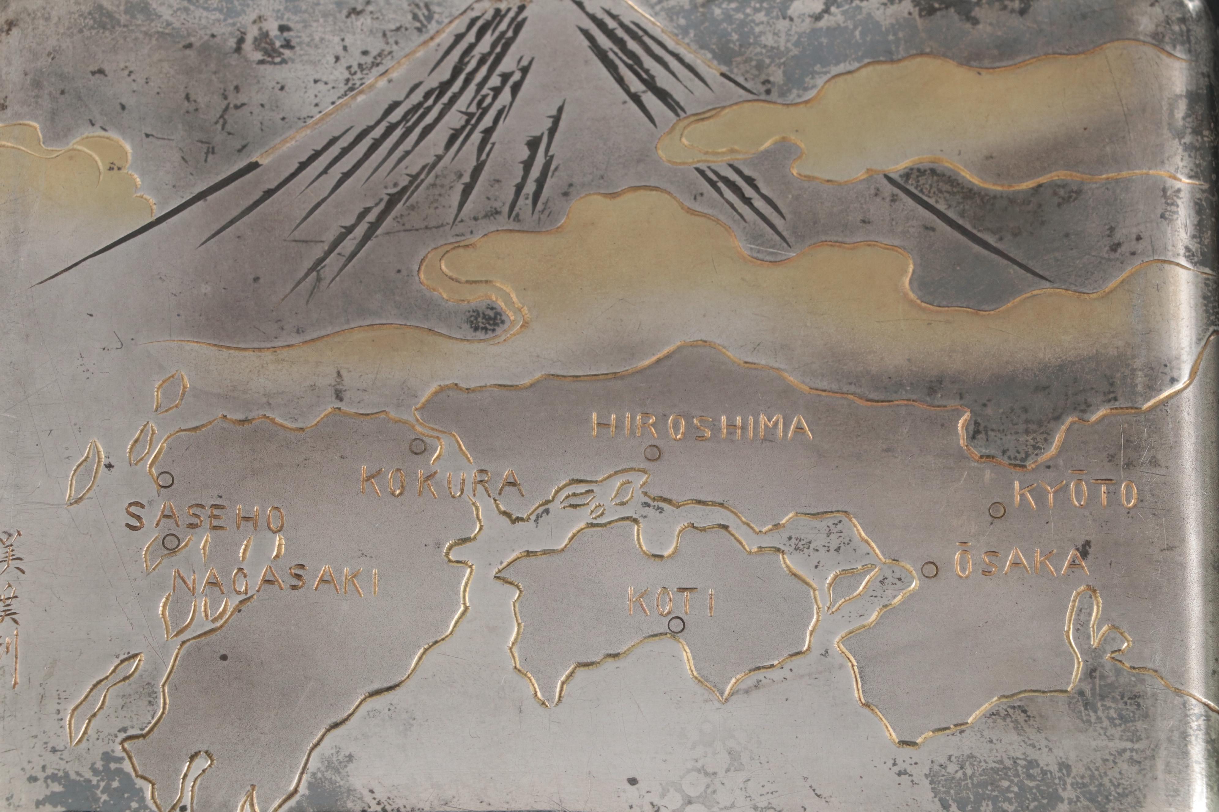 Sterling Silver Cigarette Case with Engraved Map of Japan, Sakura, and Mt. Fuji