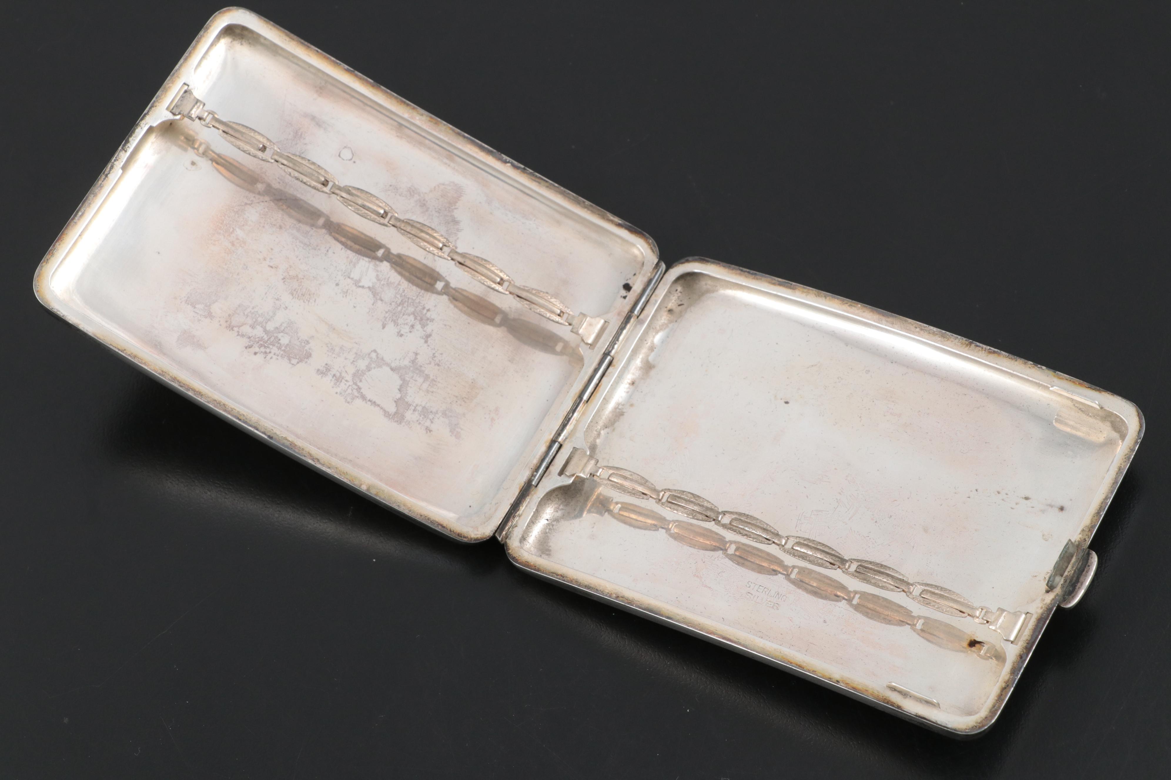 Sterling Silver Cigarette Case with Engraved Map of Japan, Sakura, and Mt. Fuji