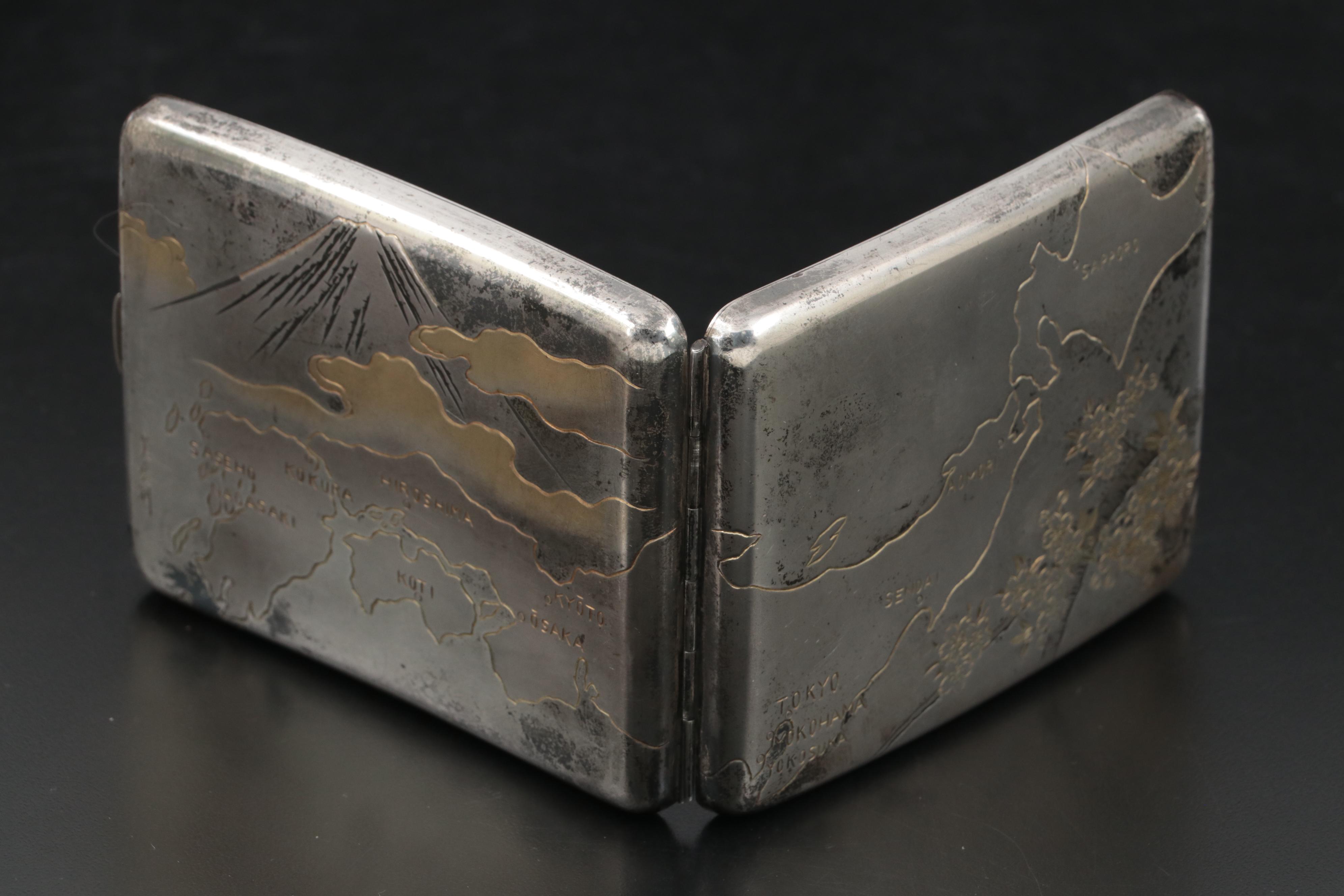 Sterling Silver Cigarette Case with Engraved Map of Japan, Sakura, and Mt. Fuji