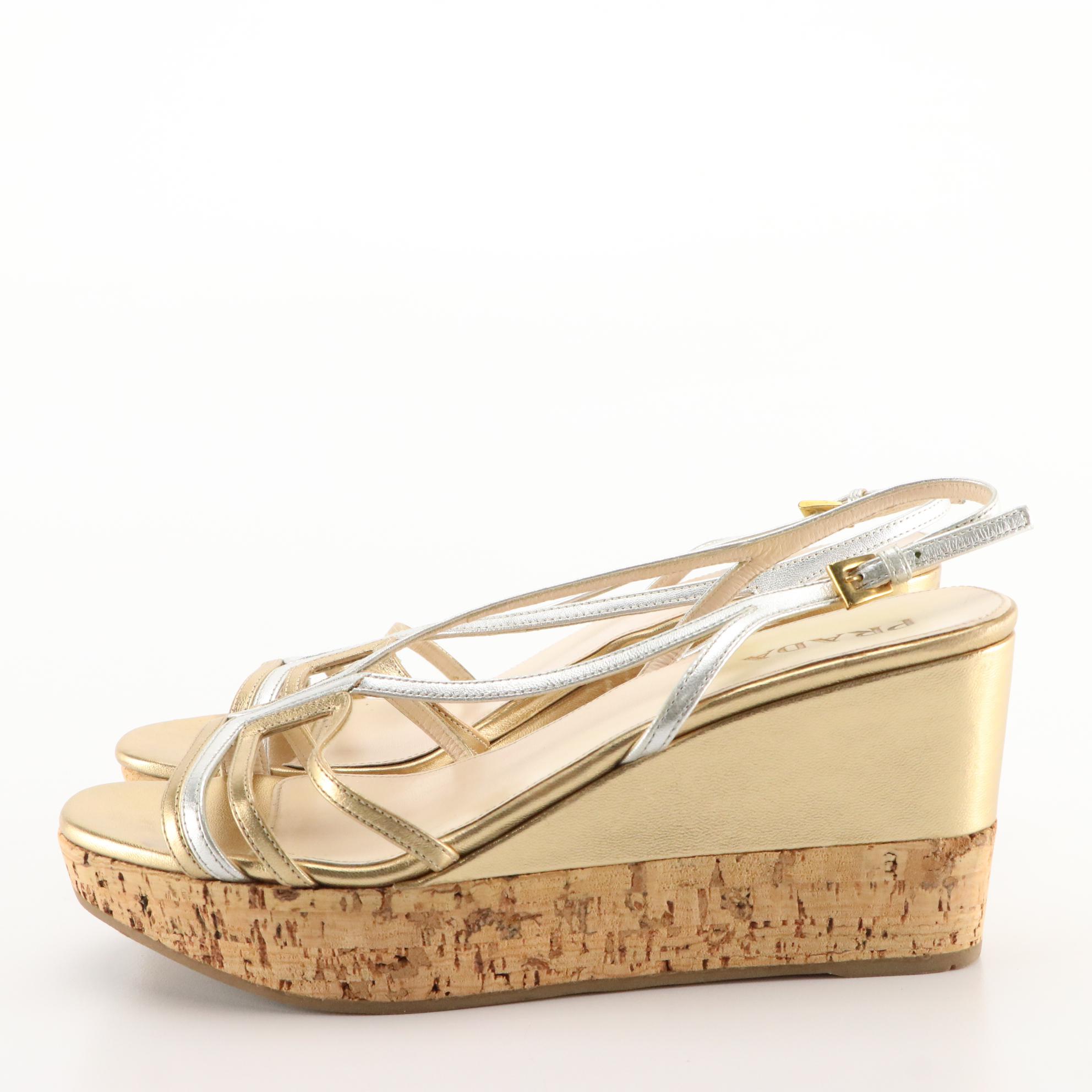 Prada Wedge Sandals in Two-Tone Metallic Leather and Cork