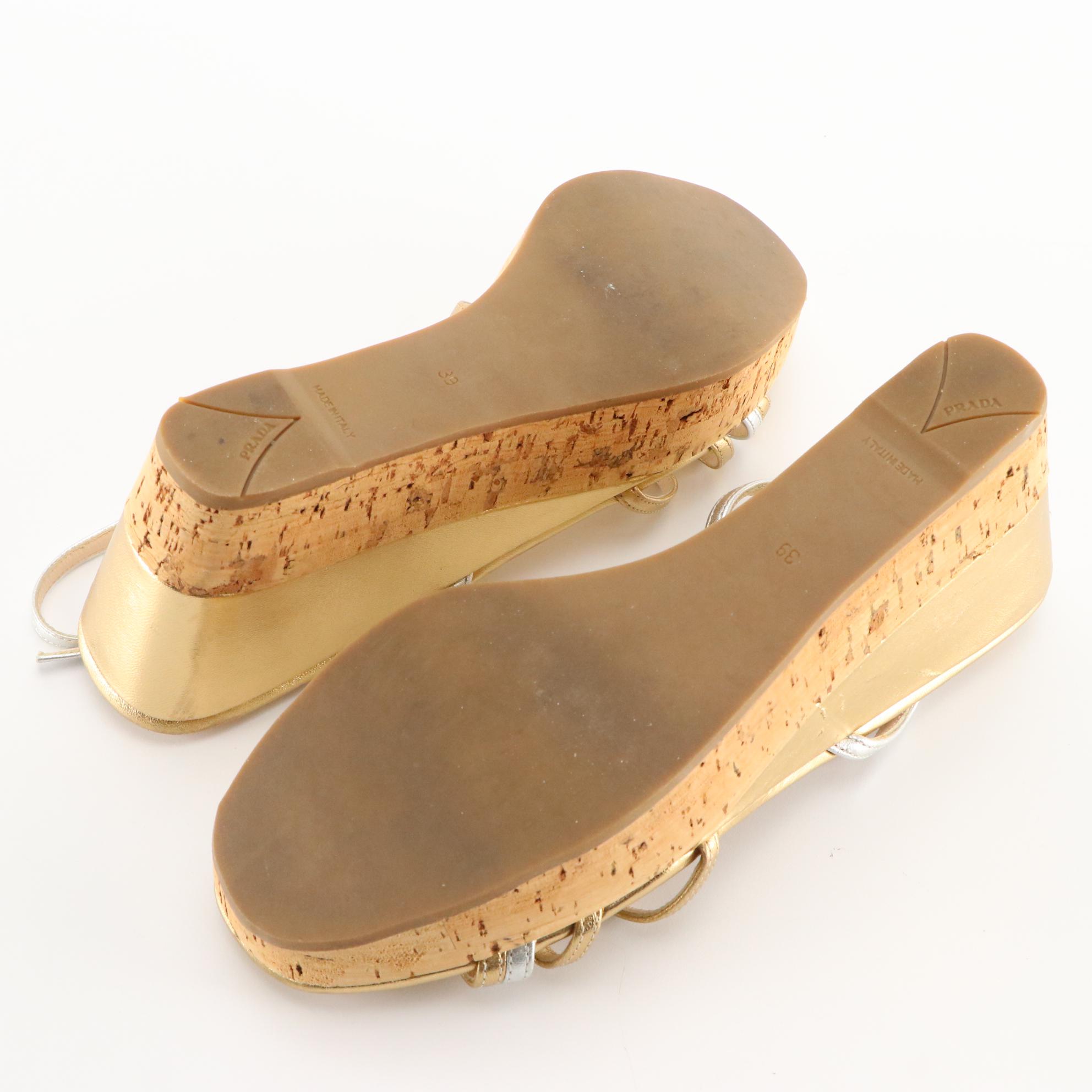 Prada Wedge Sandals in Two-Tone Metallic Leather and Cork