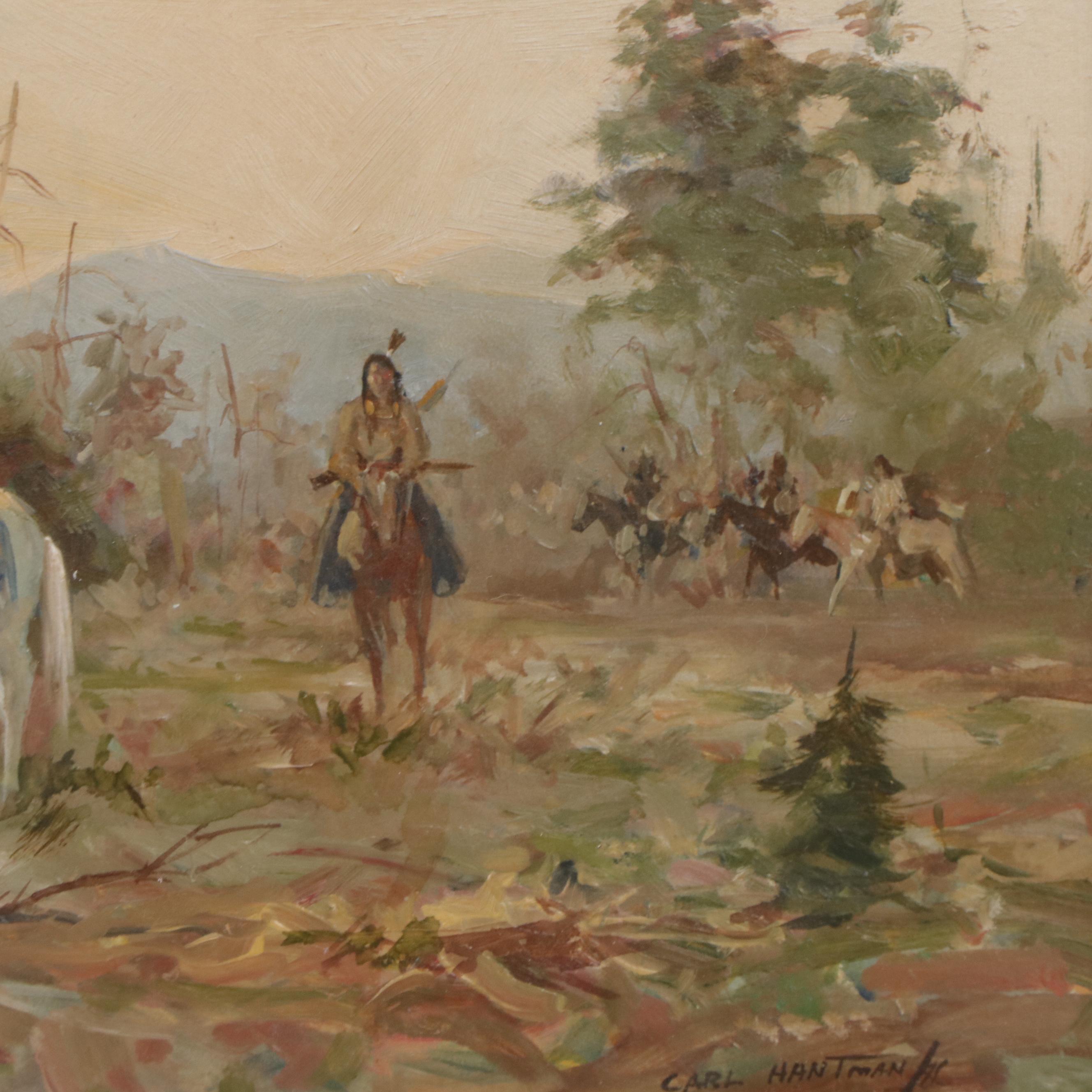 Carl Hantman Oil Painting of Native American Scene, 1986