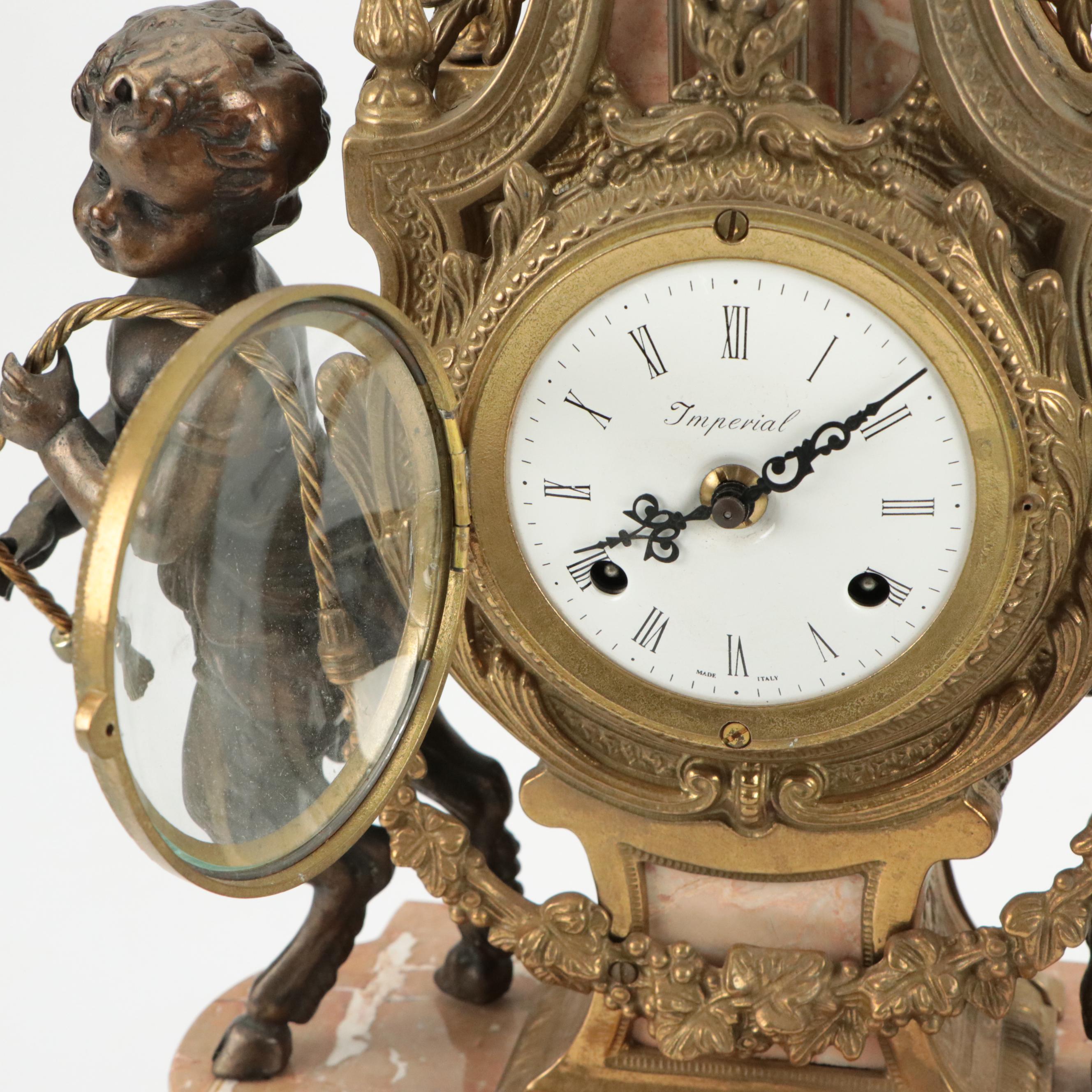 Imperial Neoclassical Style Bronze Cherub and Marble Mantel Clock