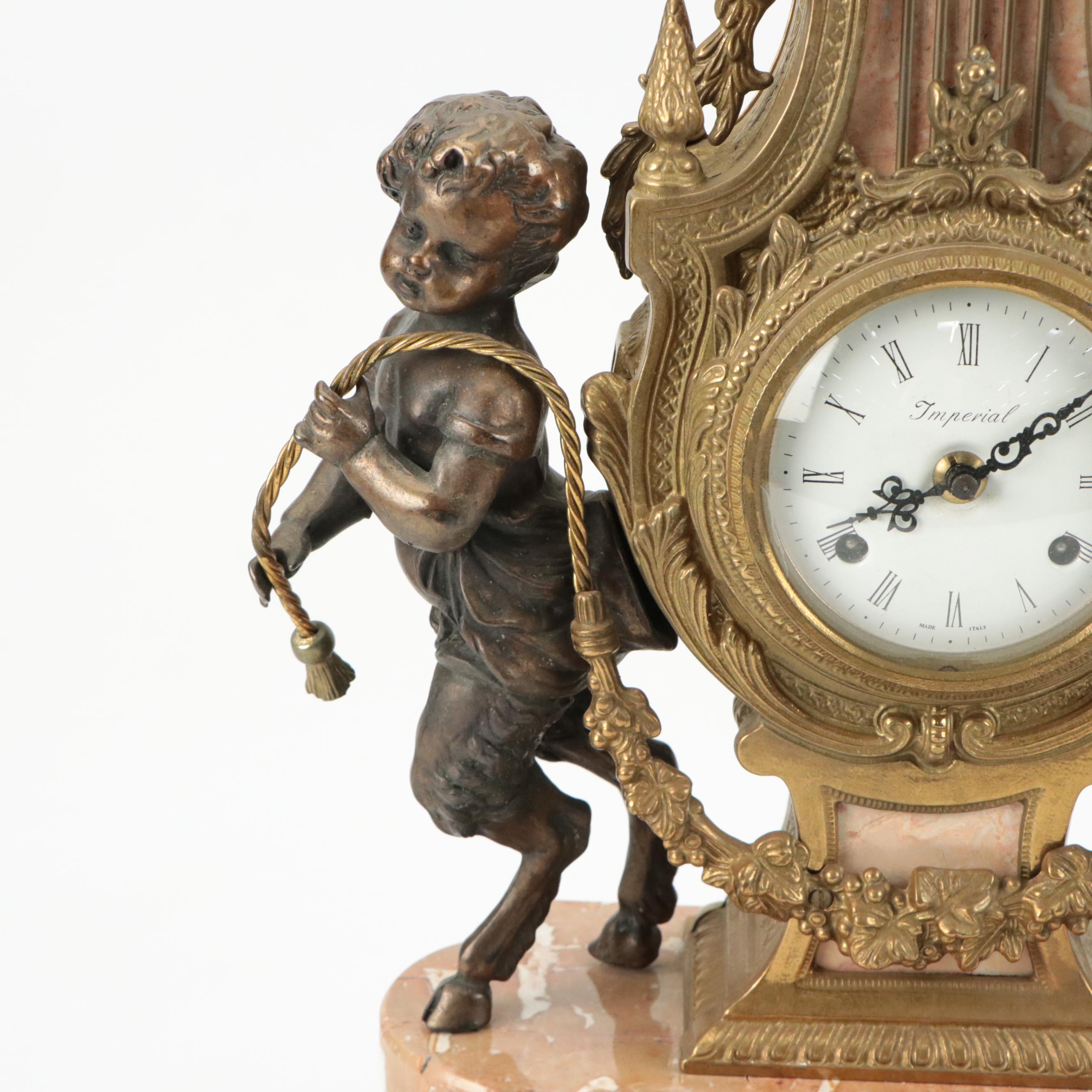 Imperial Neoclassical Style Bronze Cherub and Marble Mantel Clock