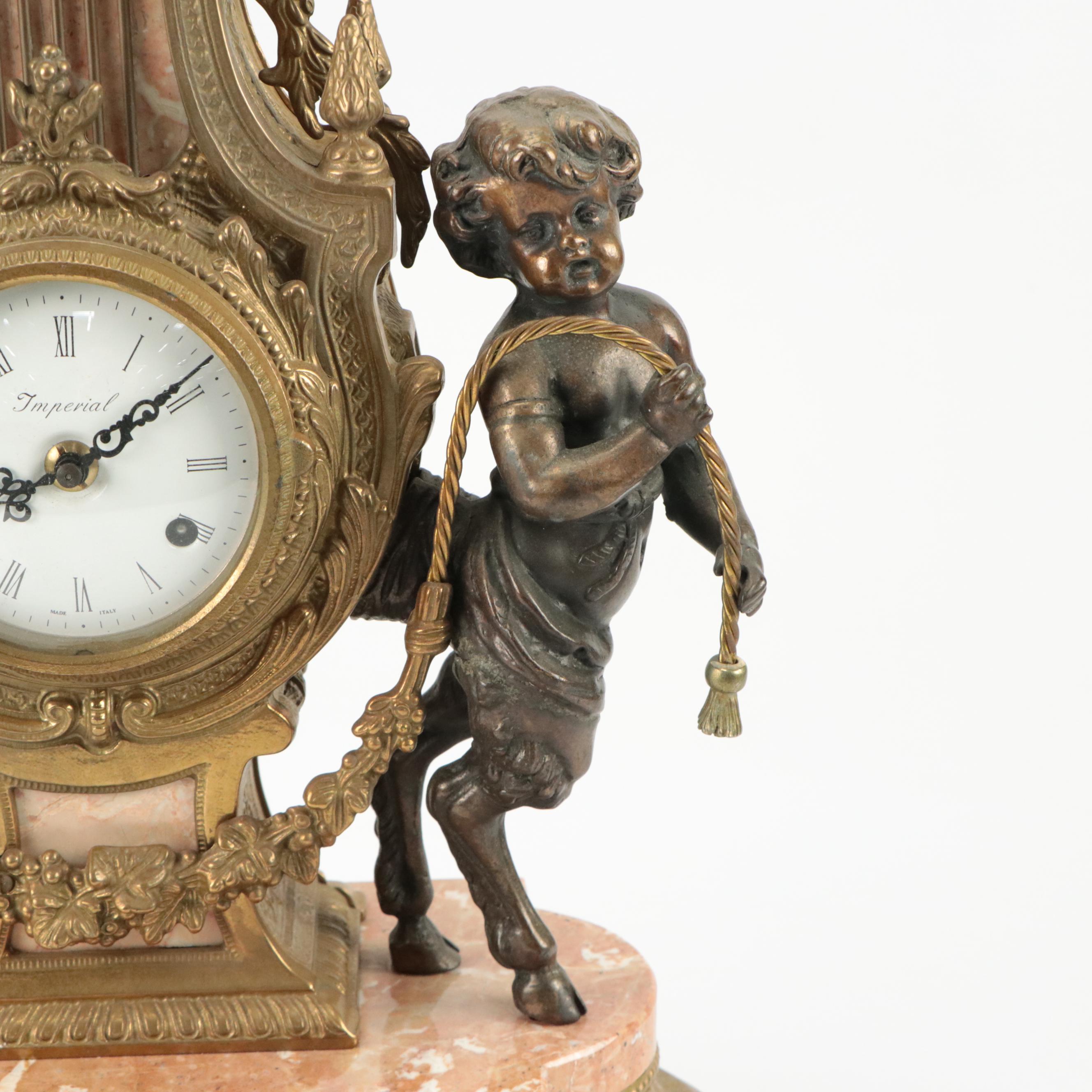 Imperial Neoclassical Style Bronze Cherub and Marble Mantel Clock