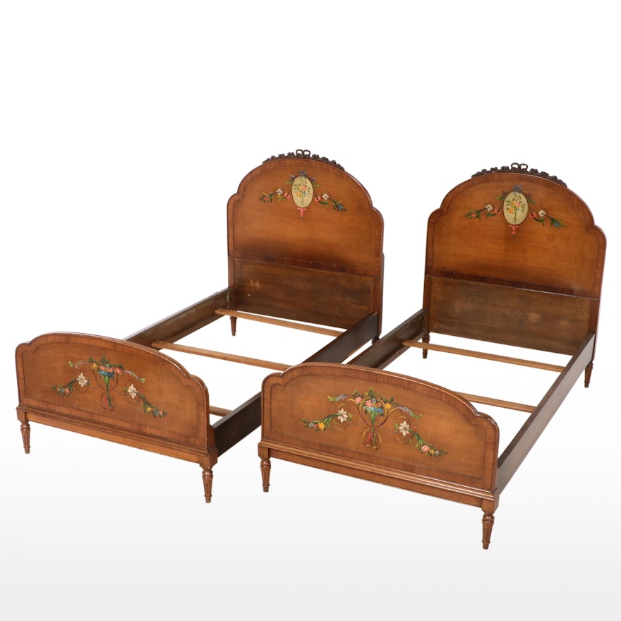 Pair of Louis XVI Style Maple, Walnut, and Polychromed Twin Size Bed Frames