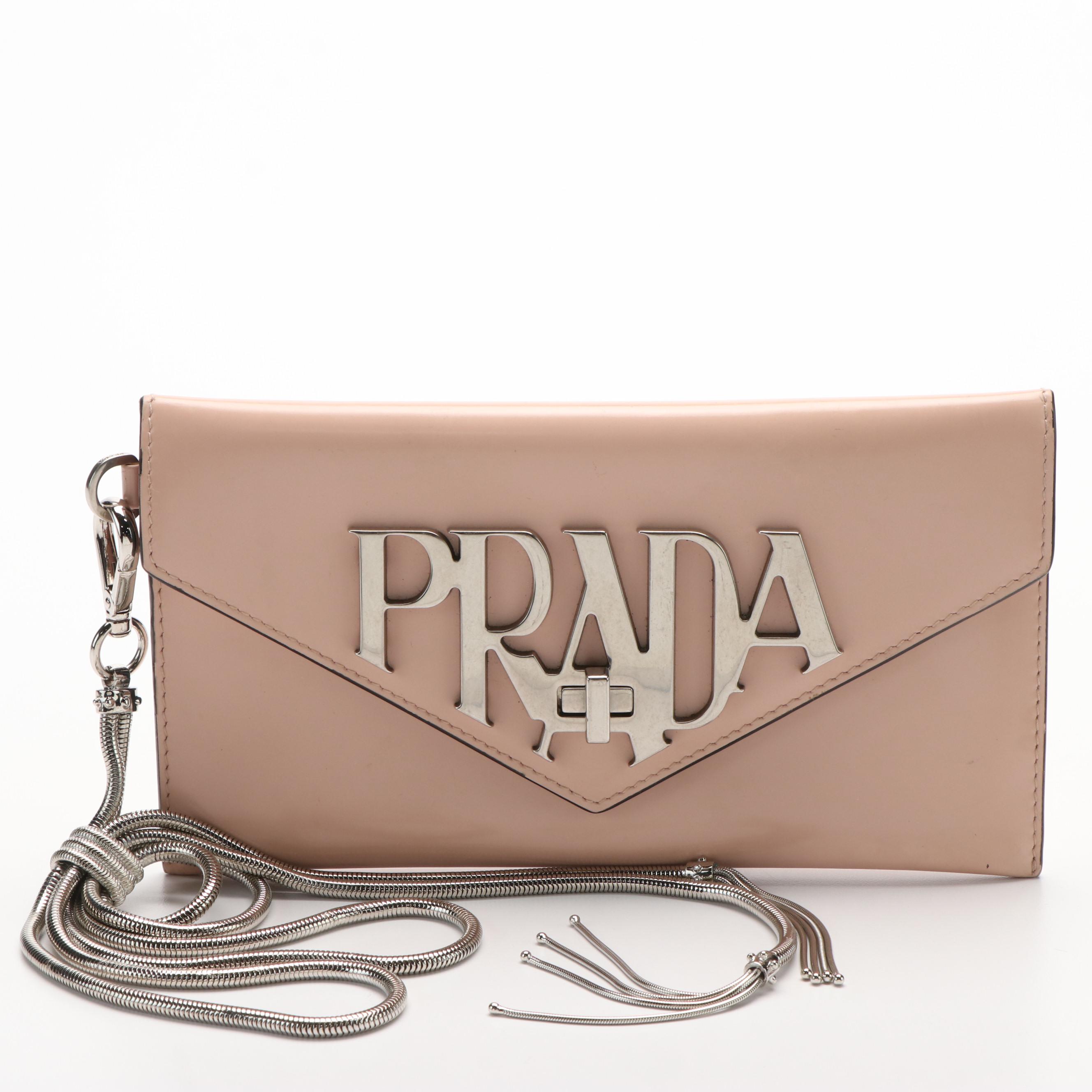 Prada Envelope Logo Spazzolato Leather Clutch