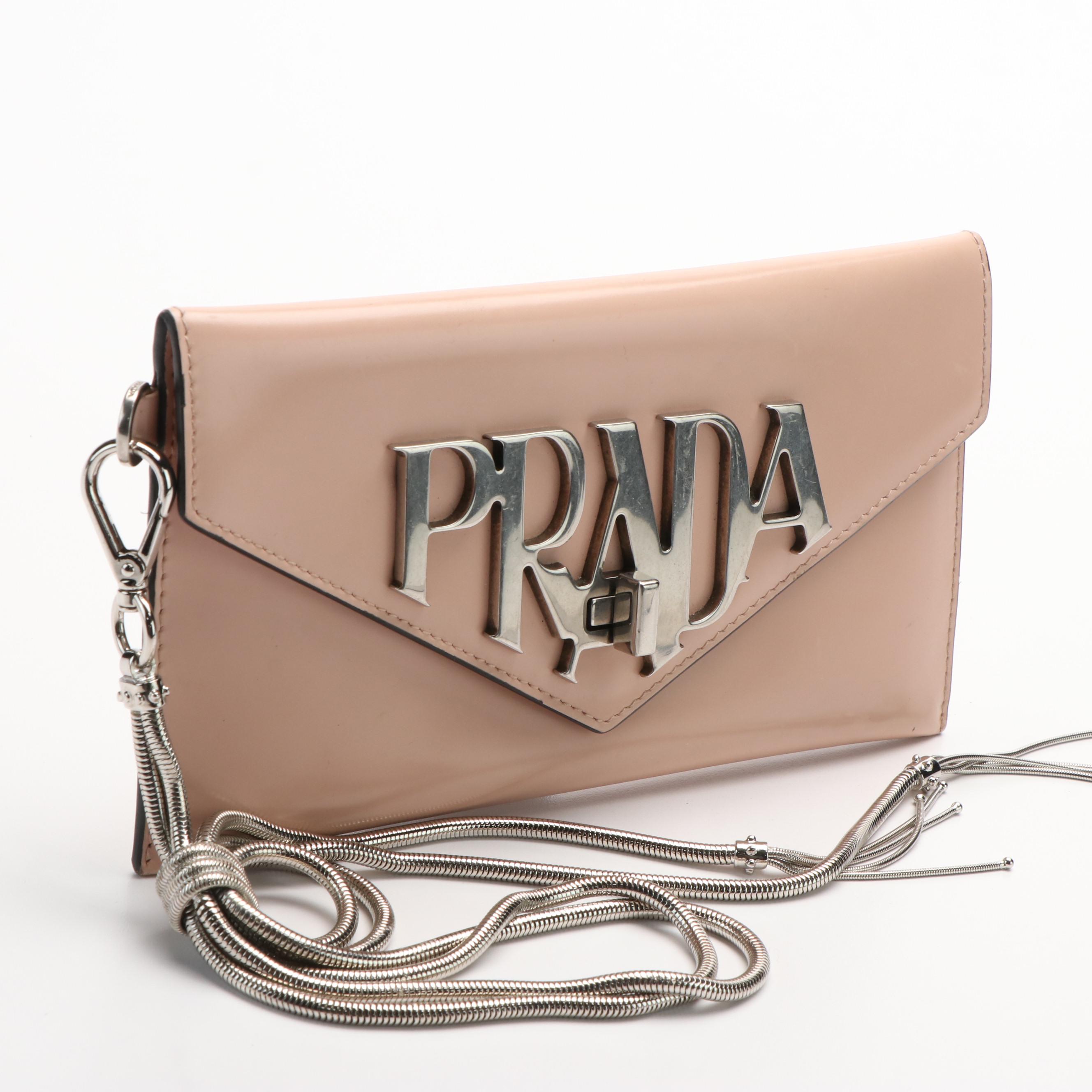 Prada Envelope Logo Spazzolato Leather Clutch
