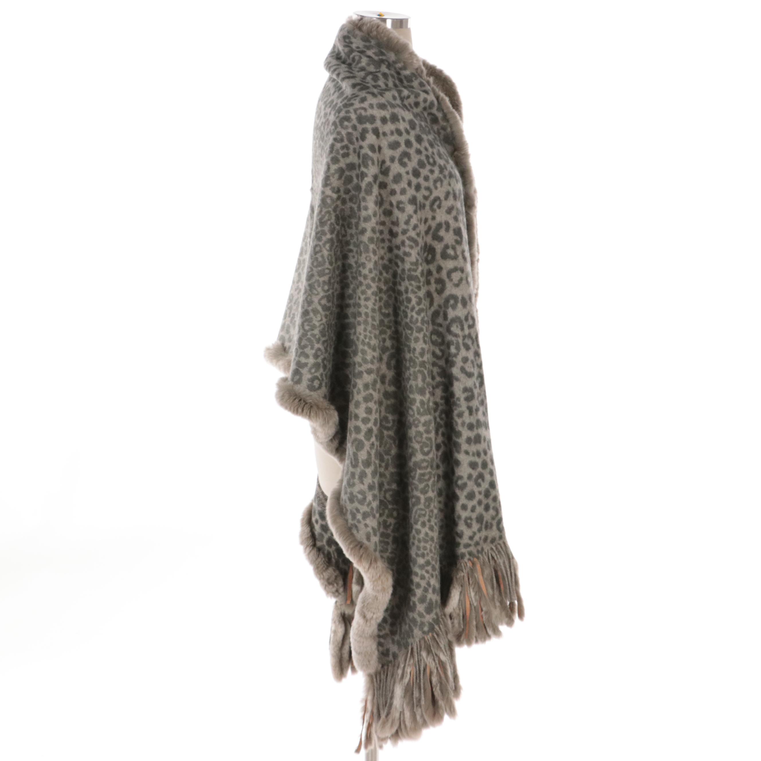 Reversible Cashmere Print Scarf Wrap with Rabbit Fur Trim