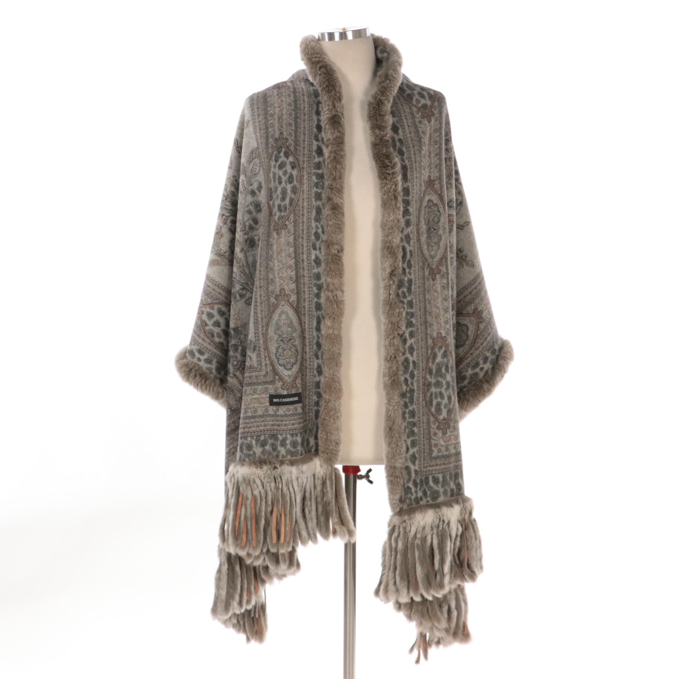 Reversible Cashmere Print Scarf Wrap with Rabbit Fur Trim