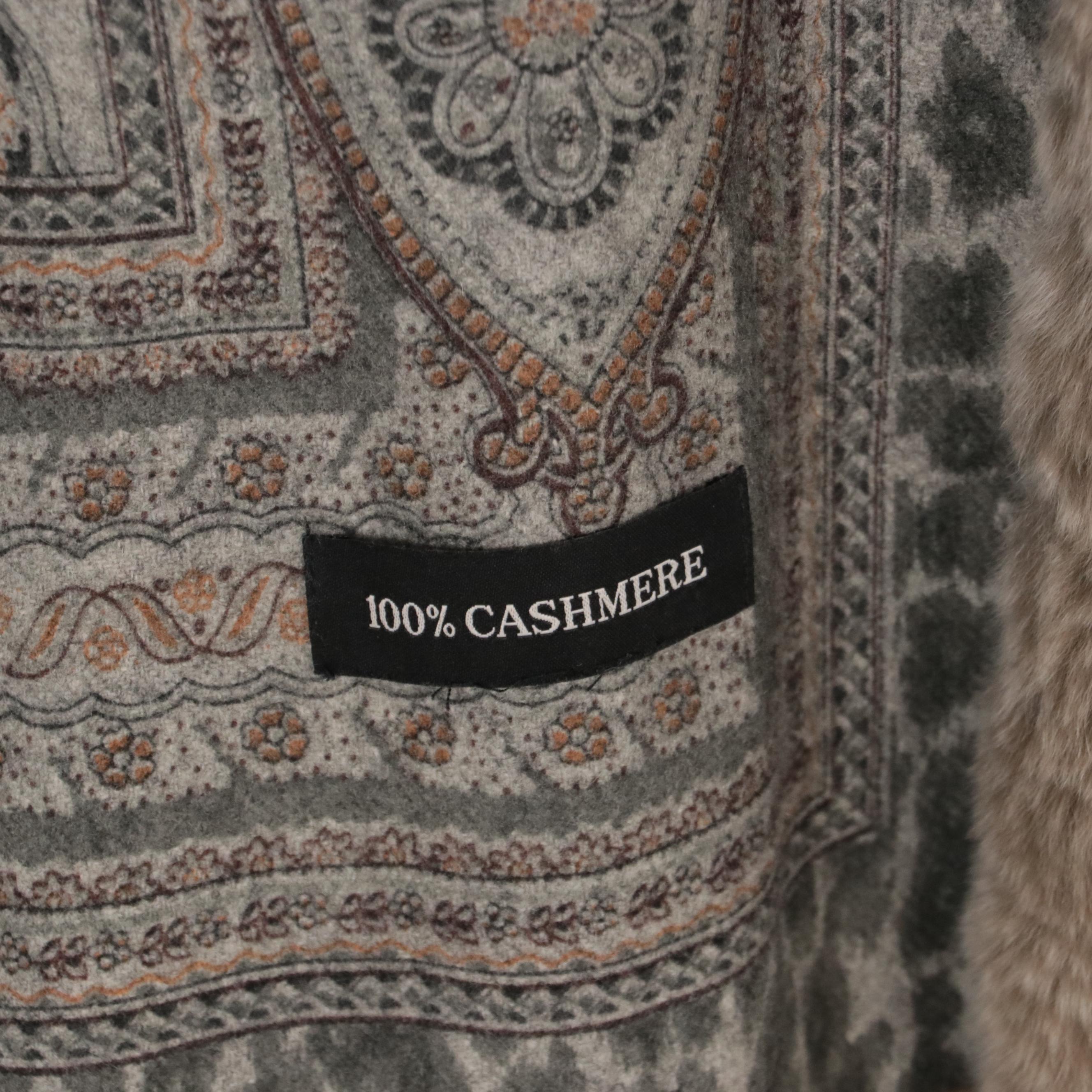 Reversible Cashmere Print Scarf Wrap with Rabbit Fur Trim