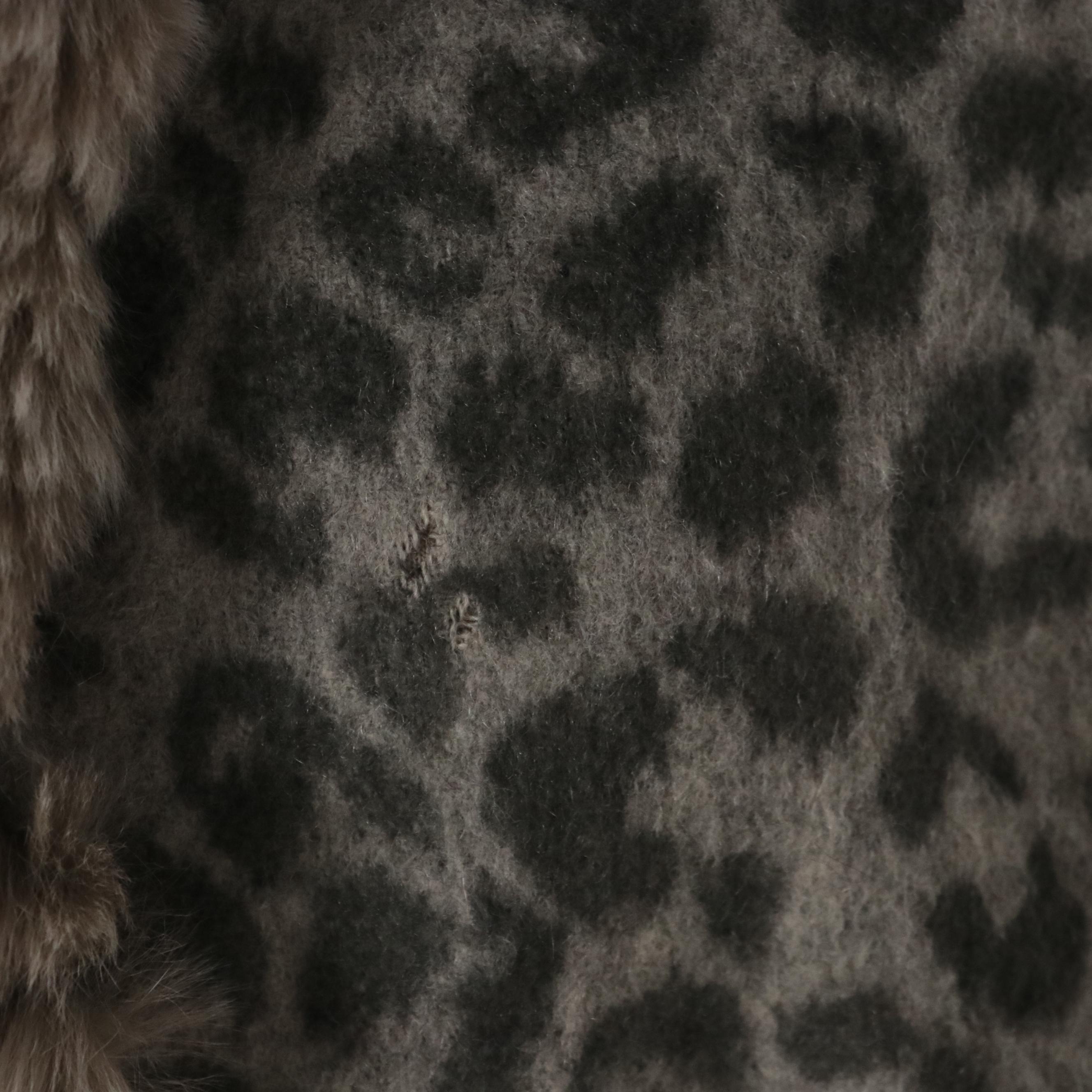 Reversible Cashmere Print Scarf Wrap with Rabbit Fur Trim