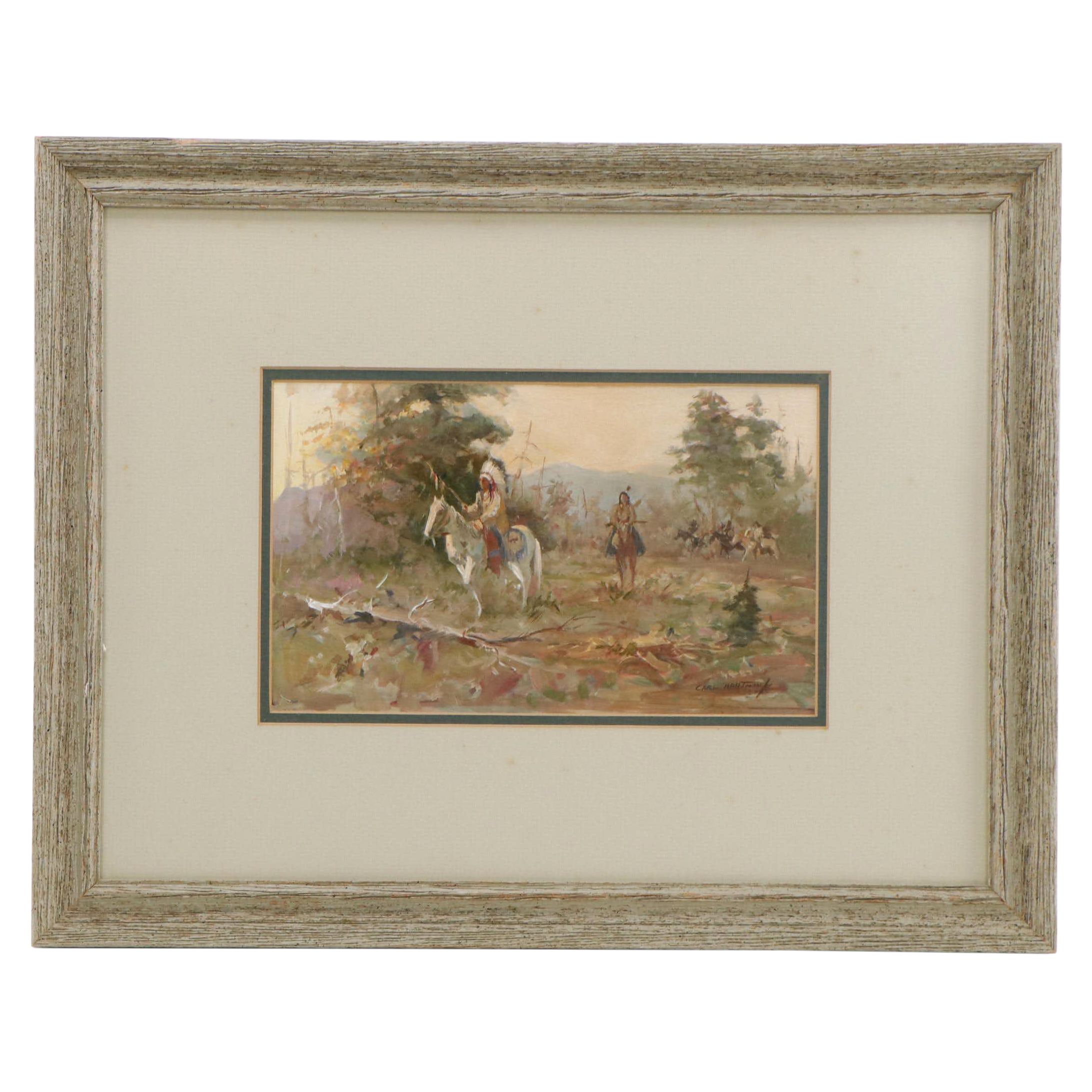 Carl Hantman Oil Painting of Native American Scene, 1986