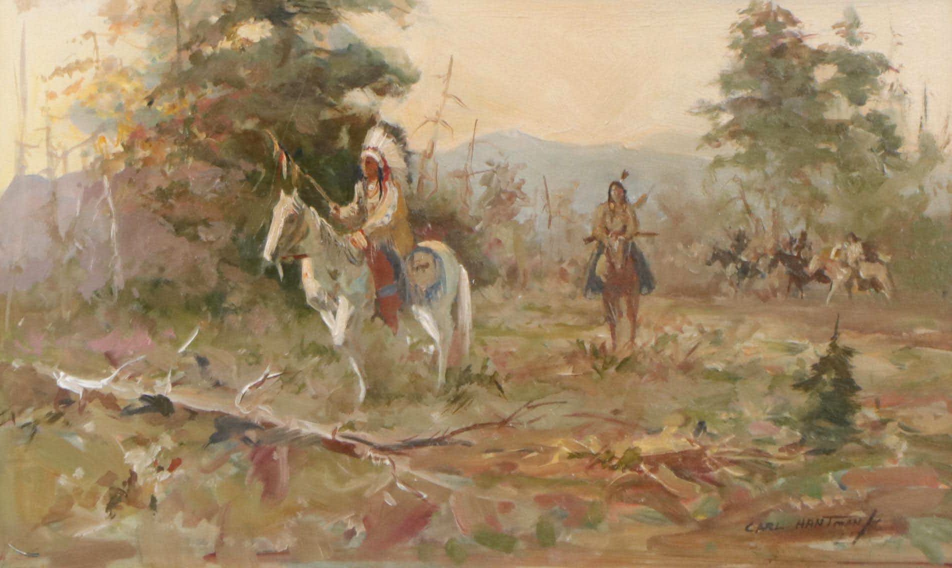 Carl Hantman Oil Painting of Native American Scene, 1986