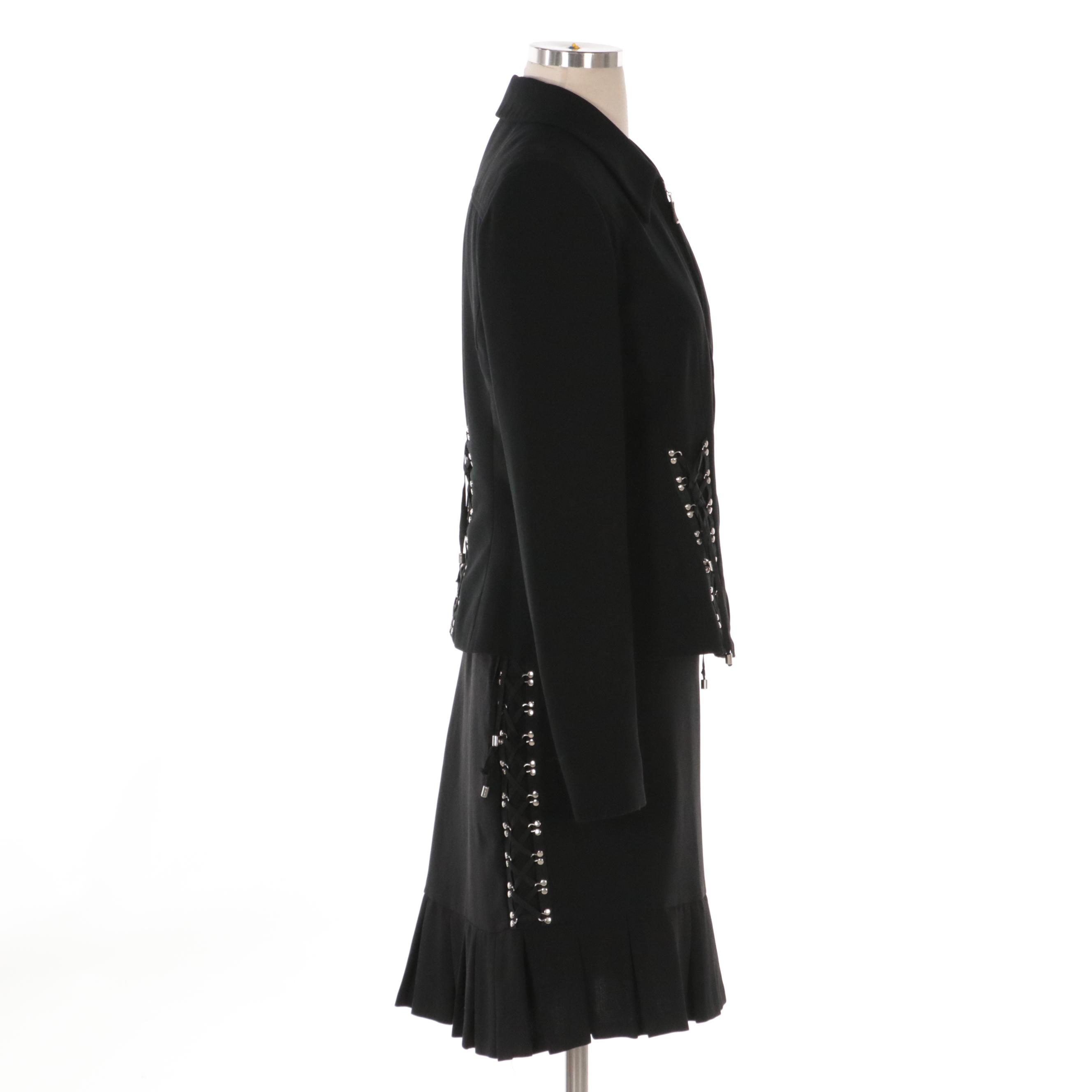 Caché Lace-Up Detail Skirt Suit with Zip Front Jacket and Pleated Hem Skirt