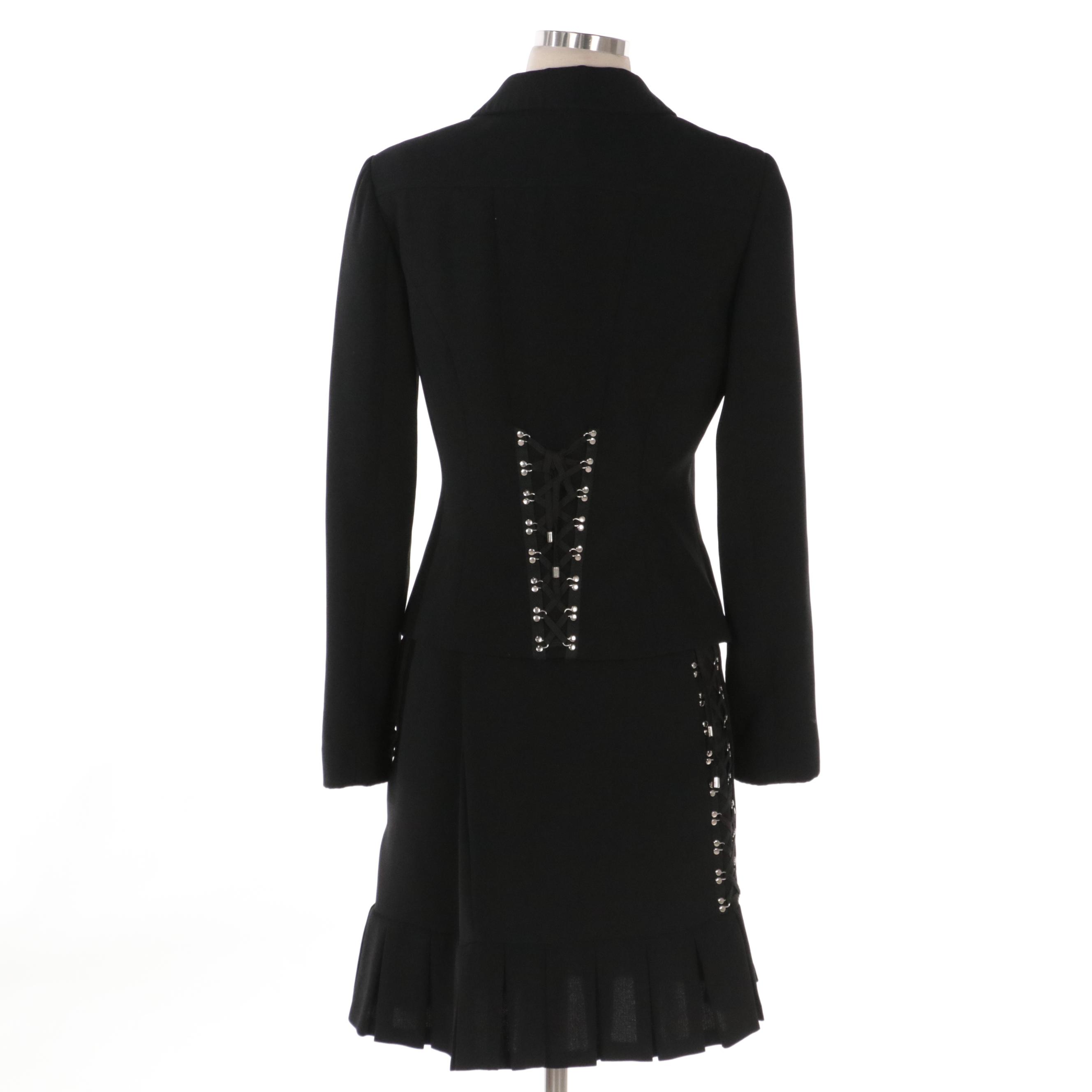 Caché Lace-Up Detail Skirt Suit with Zip Front Jacket and Pleated Hem Skirt