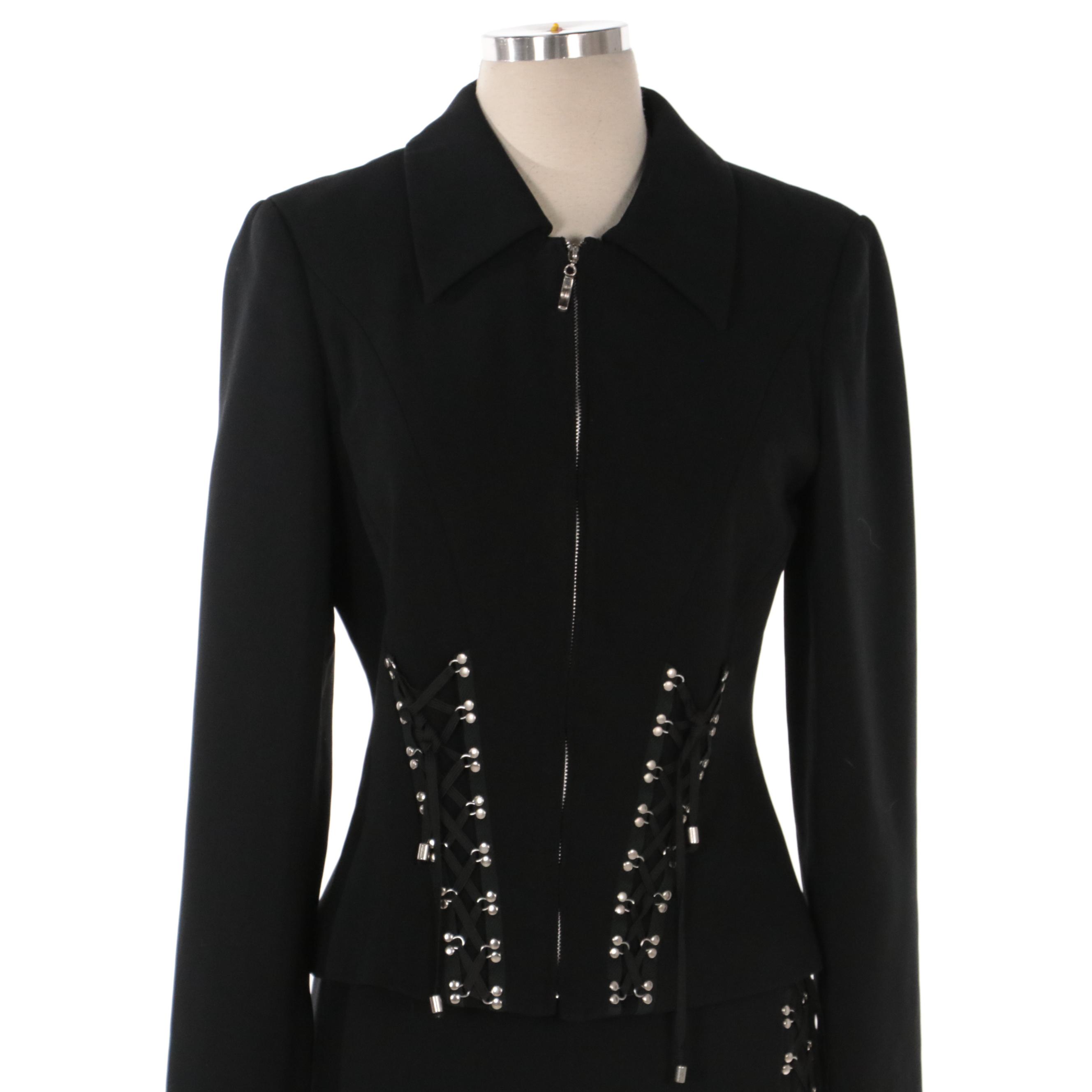 Caché Lace-Up Detail Skirt Suit with Zip Front Jacket and Pleated Hem Skirt
