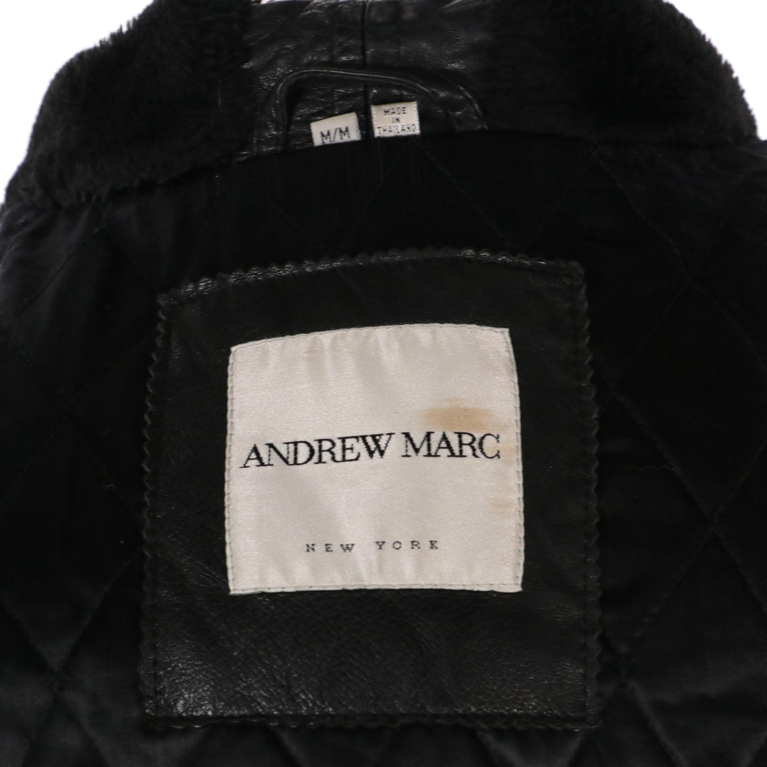 Andrew Marc New York Leather Zipper-Front Hooded Coat with Faux Shearling