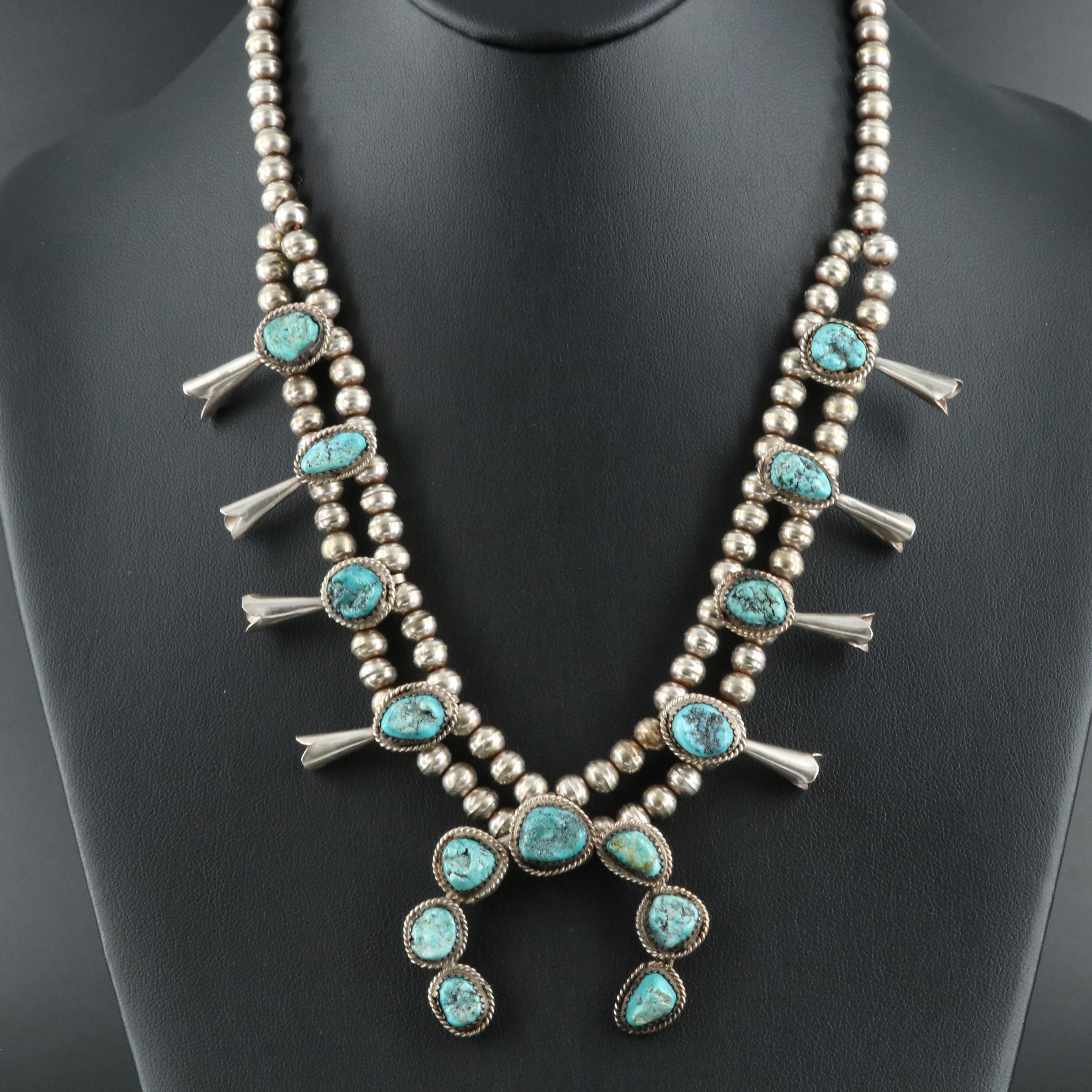 Southwestern Signed Sterling Turquoise Naja Squash Blossom Necklace