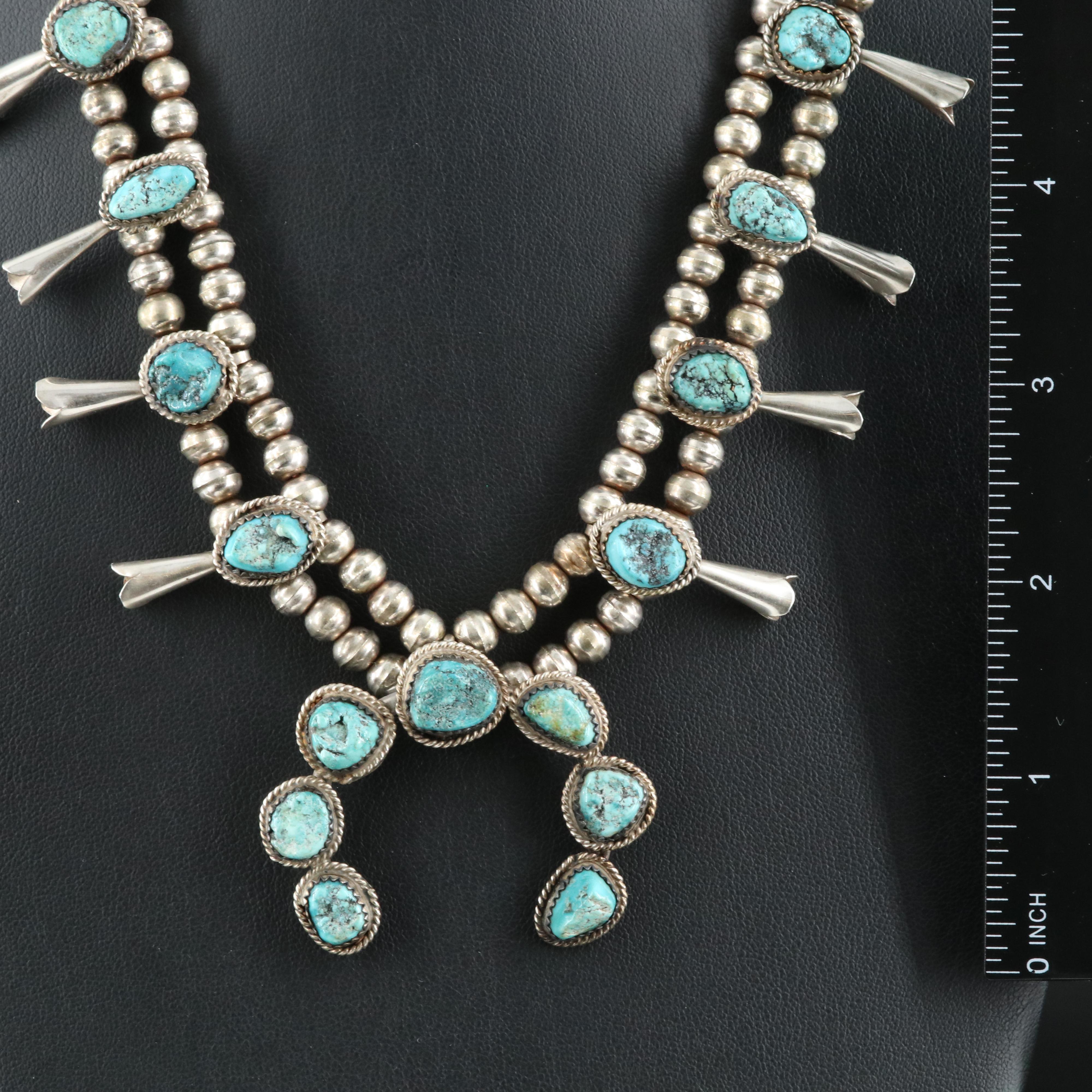 Southwestern Signed Sterling Turquoise Naja Squash Blossom Necklace