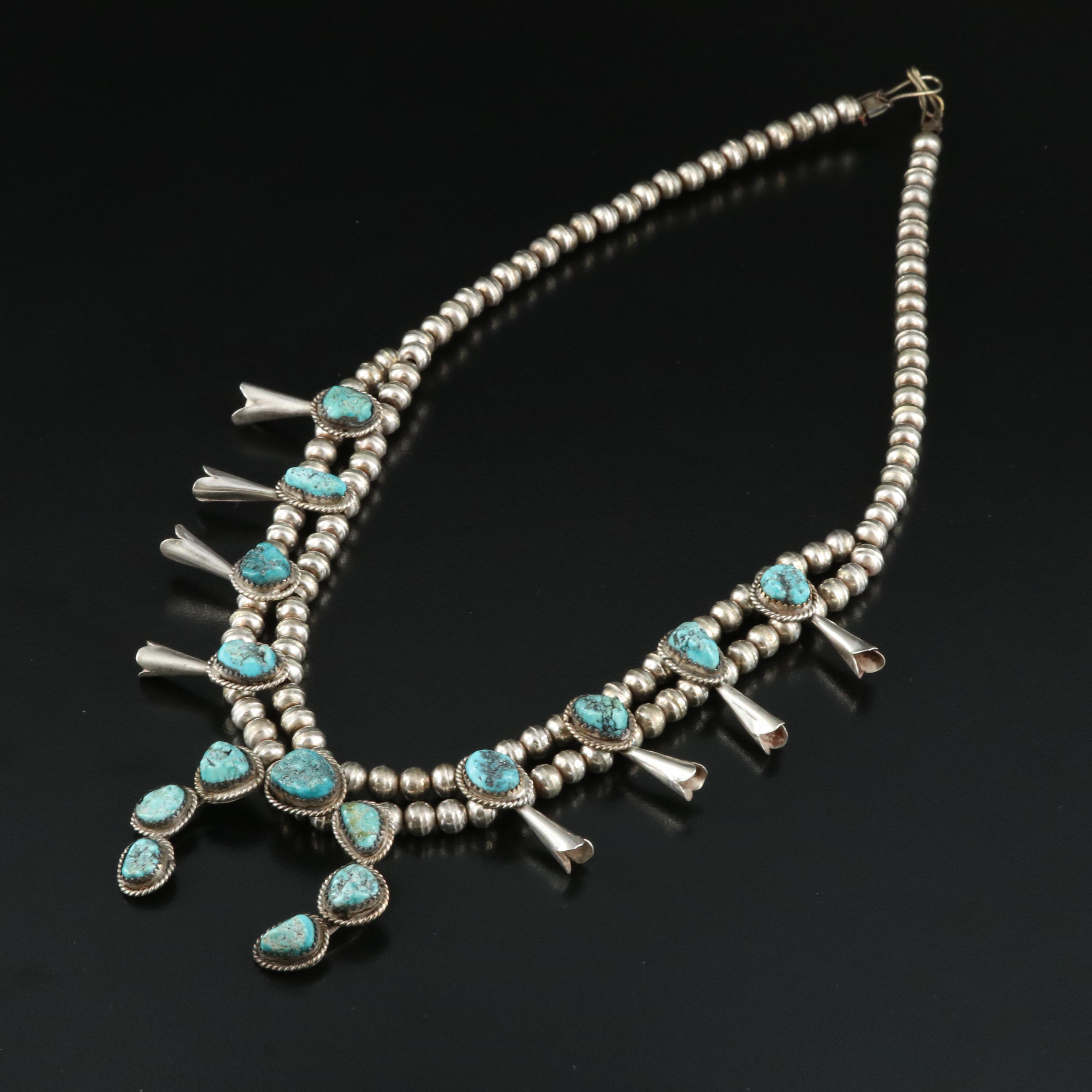 Southwestern Signed Sterling Turquoise Naja Squash Blossom Necklace