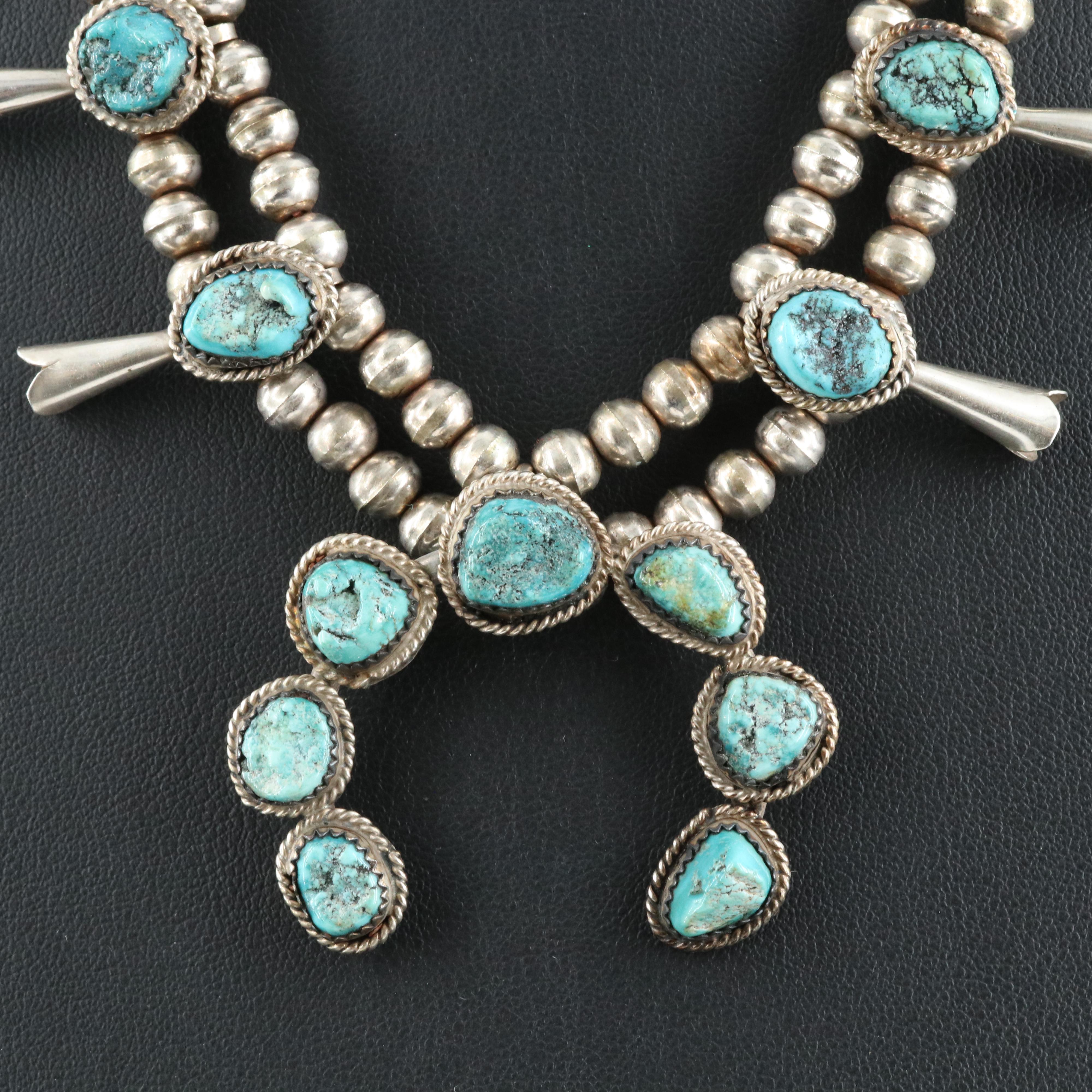 Southwestern Signed Sterling Turquoise Naja Squash Blossom Necklace