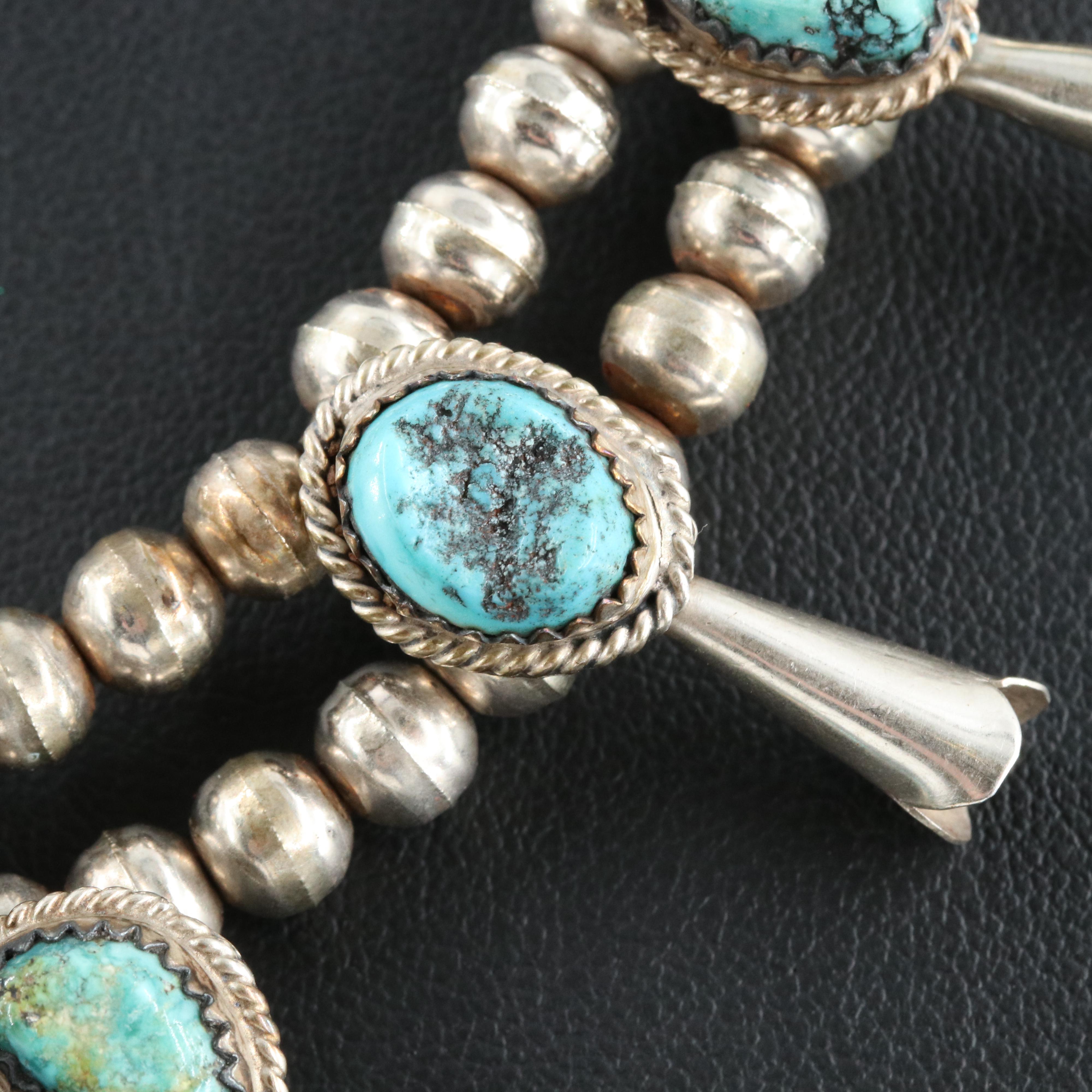 Southwestern Signed Sterling Turquoise Naja Squash Blossom Necklace