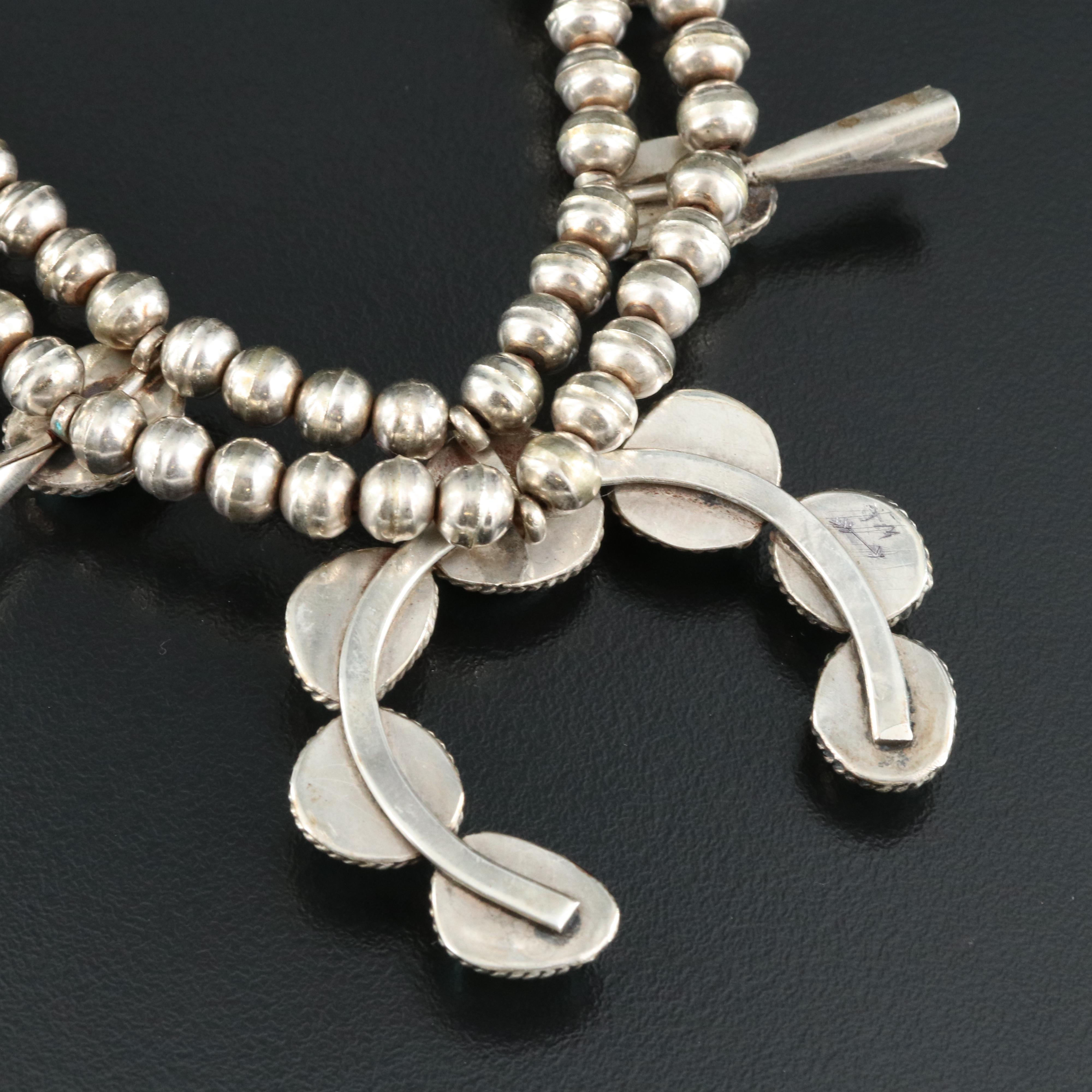 Southwestern Signed Sterling Turquoise Naja Squash Blossom Necklace