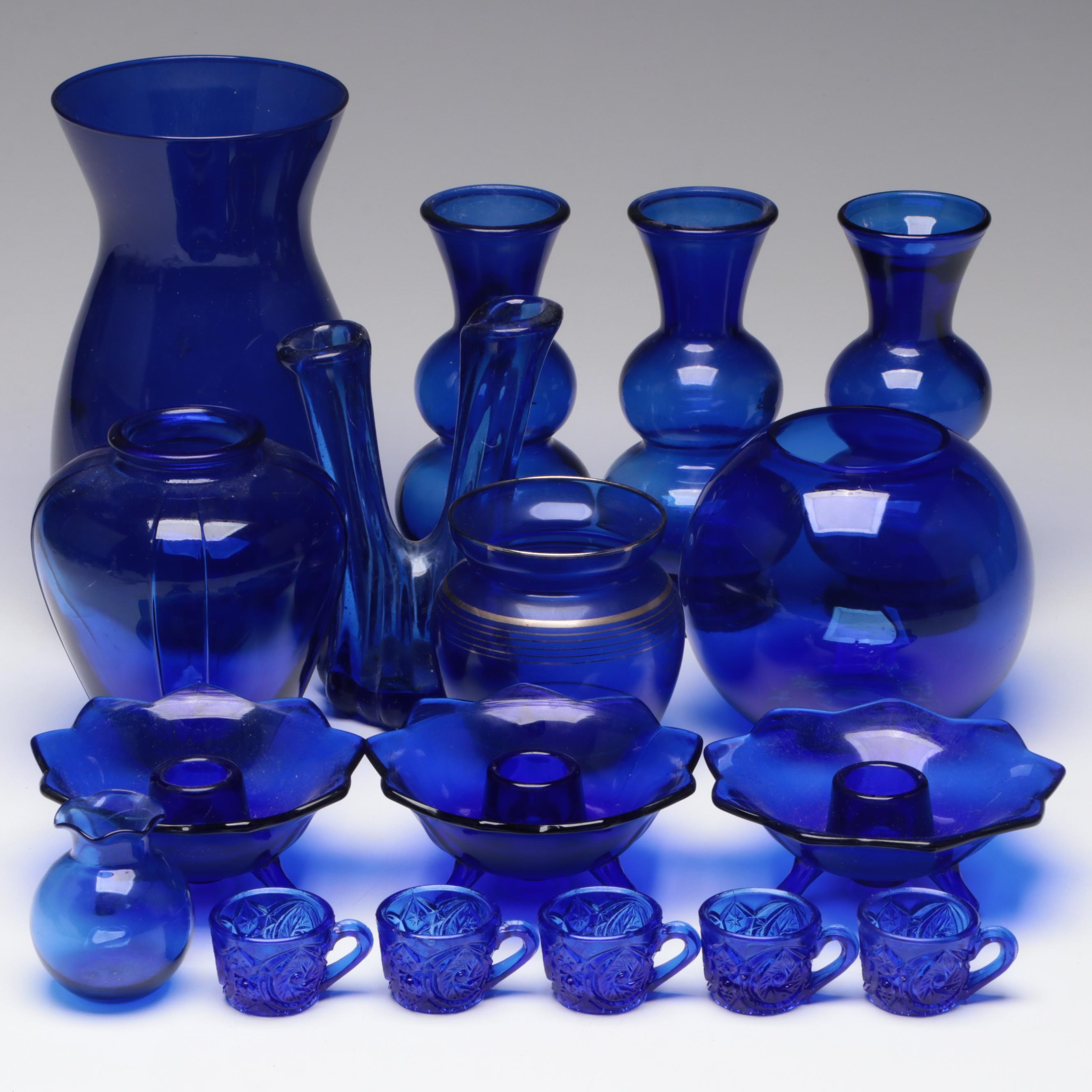 Fenton "848 Cobalt Blue" Candle Holders with Other Cobalt Glassware and Vases