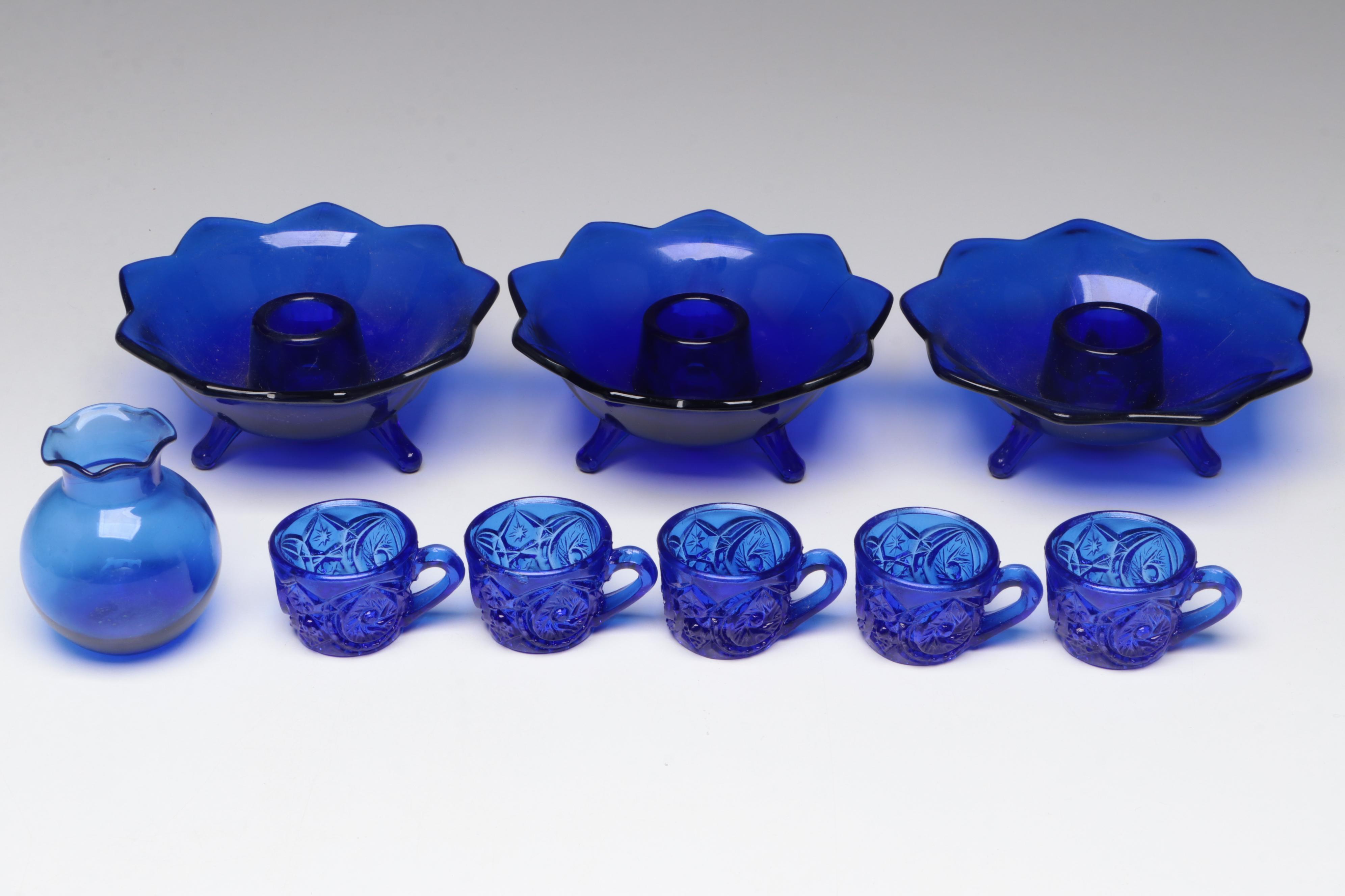 Fenton "848 Cobalt Blue" Candle Holders with Other Cobalt Glassware and Vases