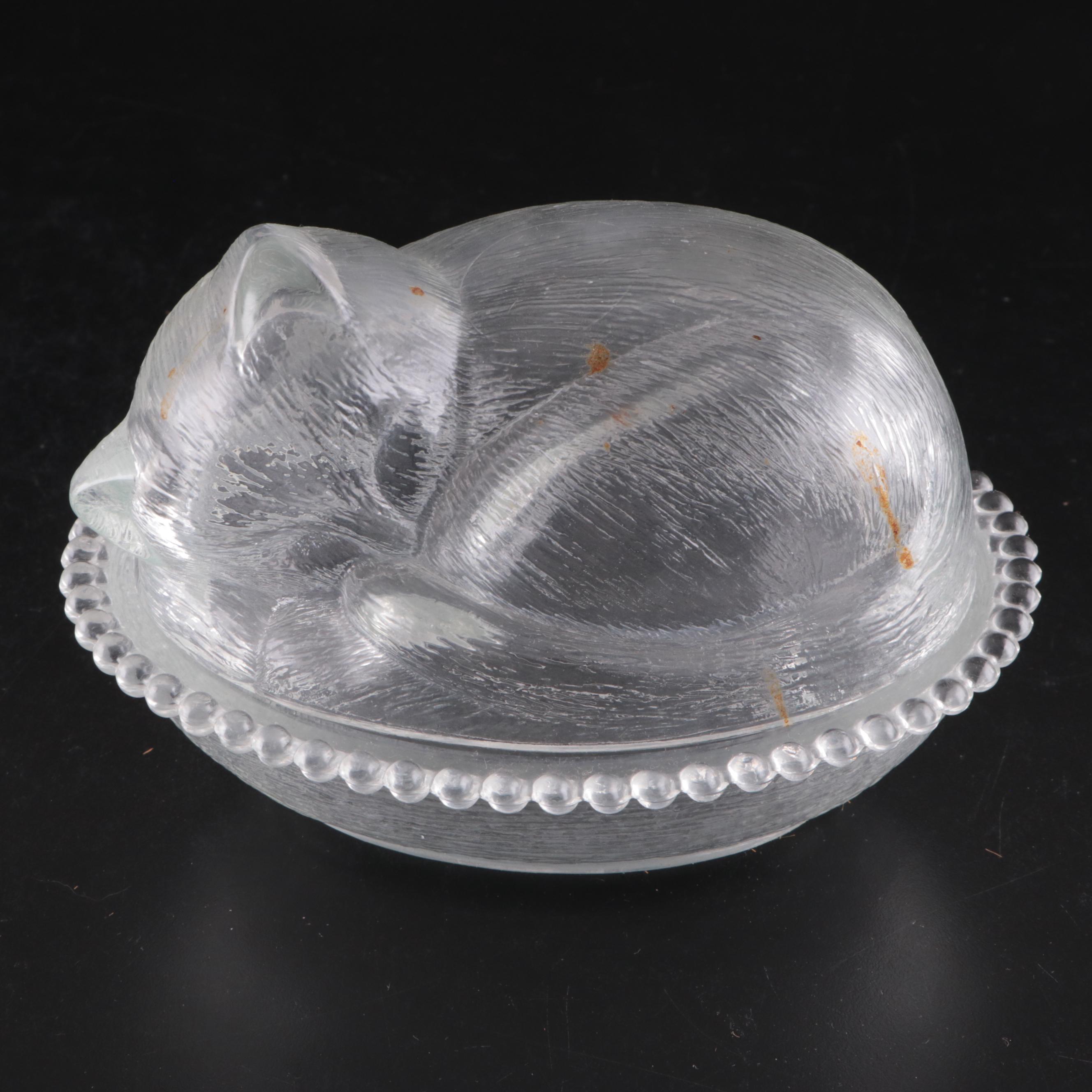 Indiana Glass Sleeping Cat on Nest Candy Dish and Other Cat Themed