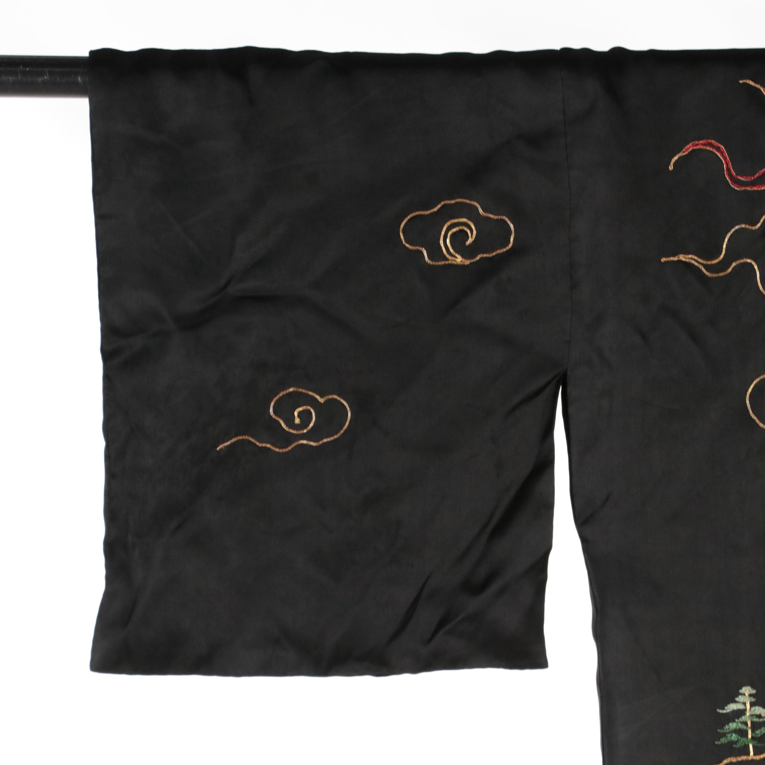 Black Satin Embroidered Dragon Kimono with Clouds and Pagoda
