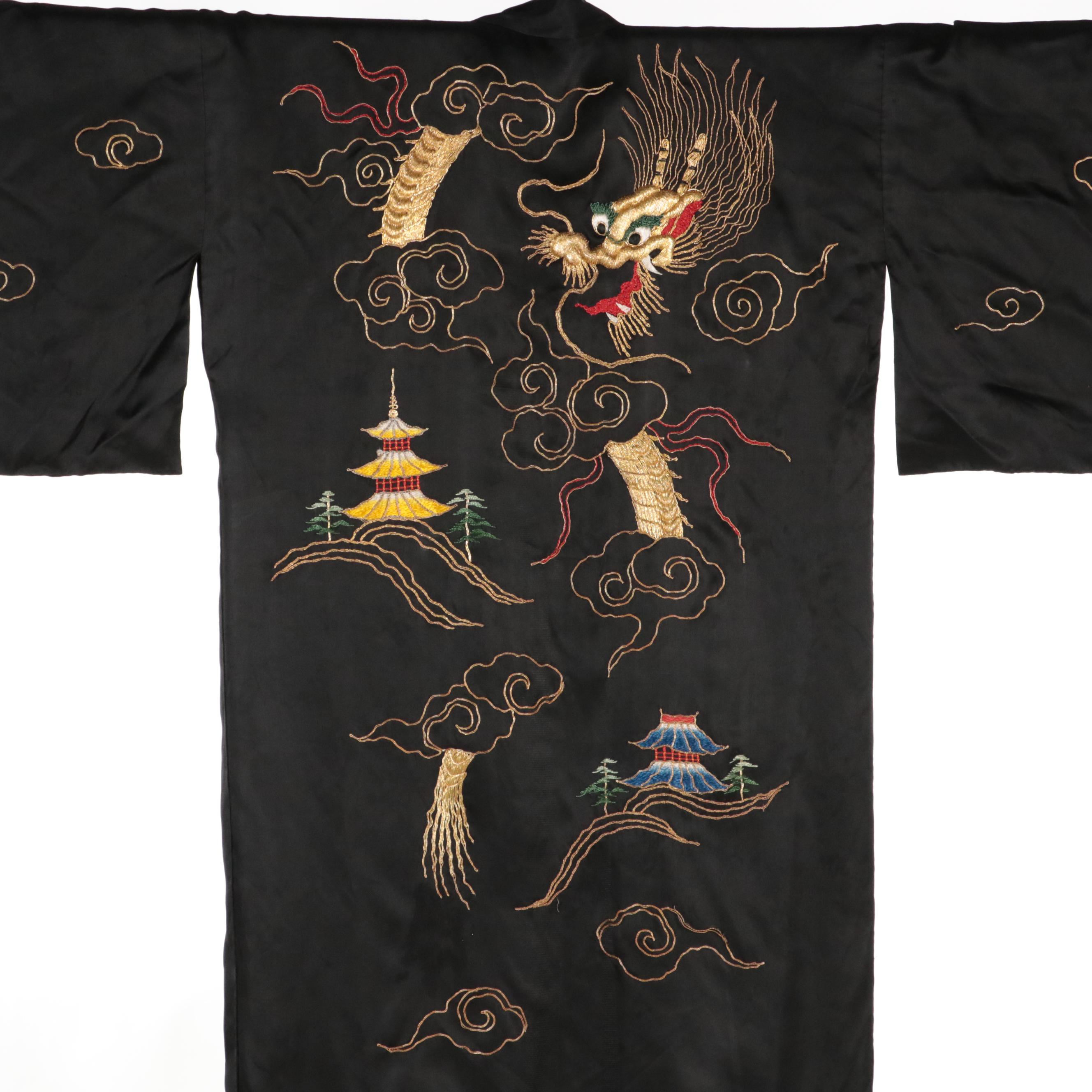 Black Satin Embroidered Dragon Kimono with Clouds and Pagoda