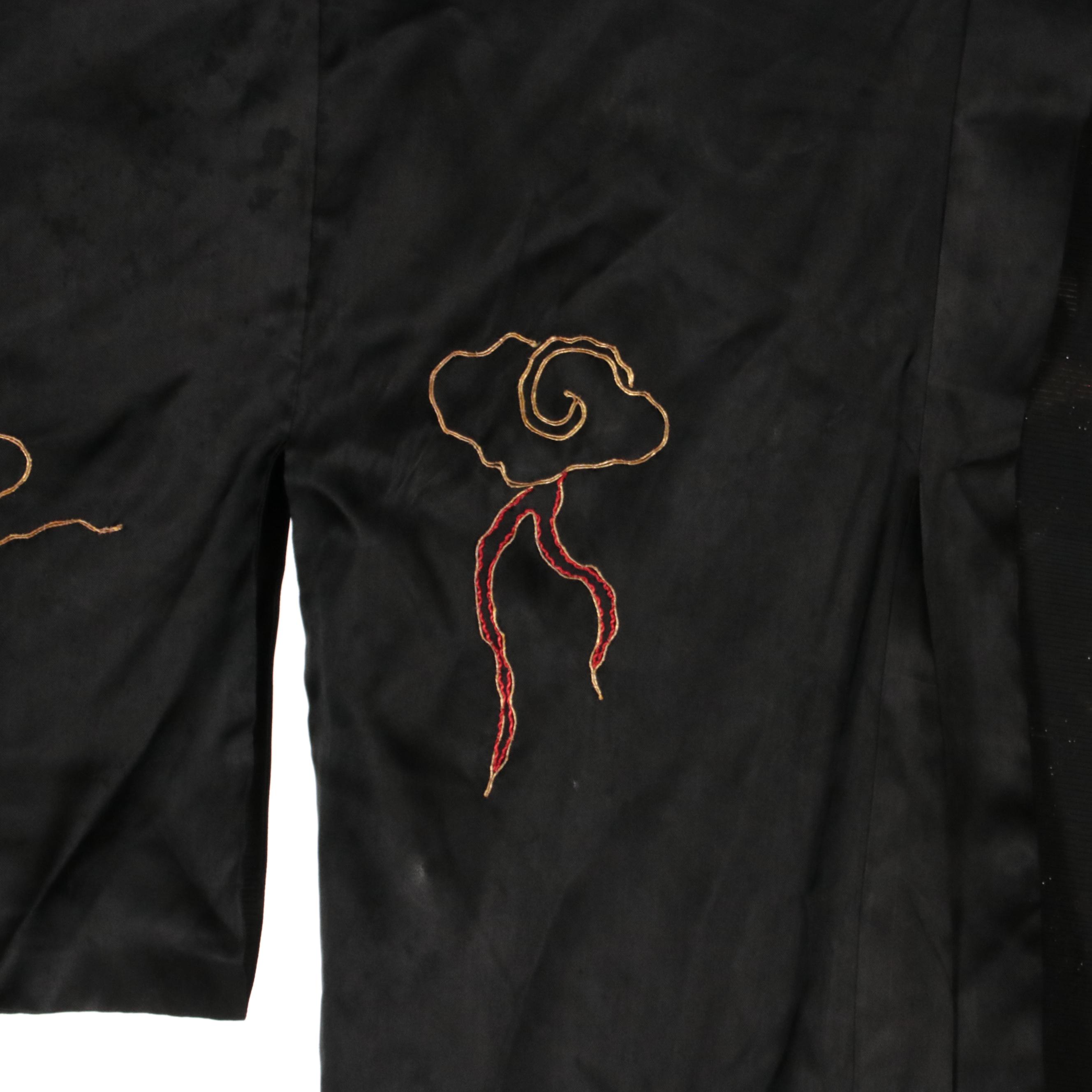 Black Satin Embroidered Dragon Kimono with Clouds and Pagoda