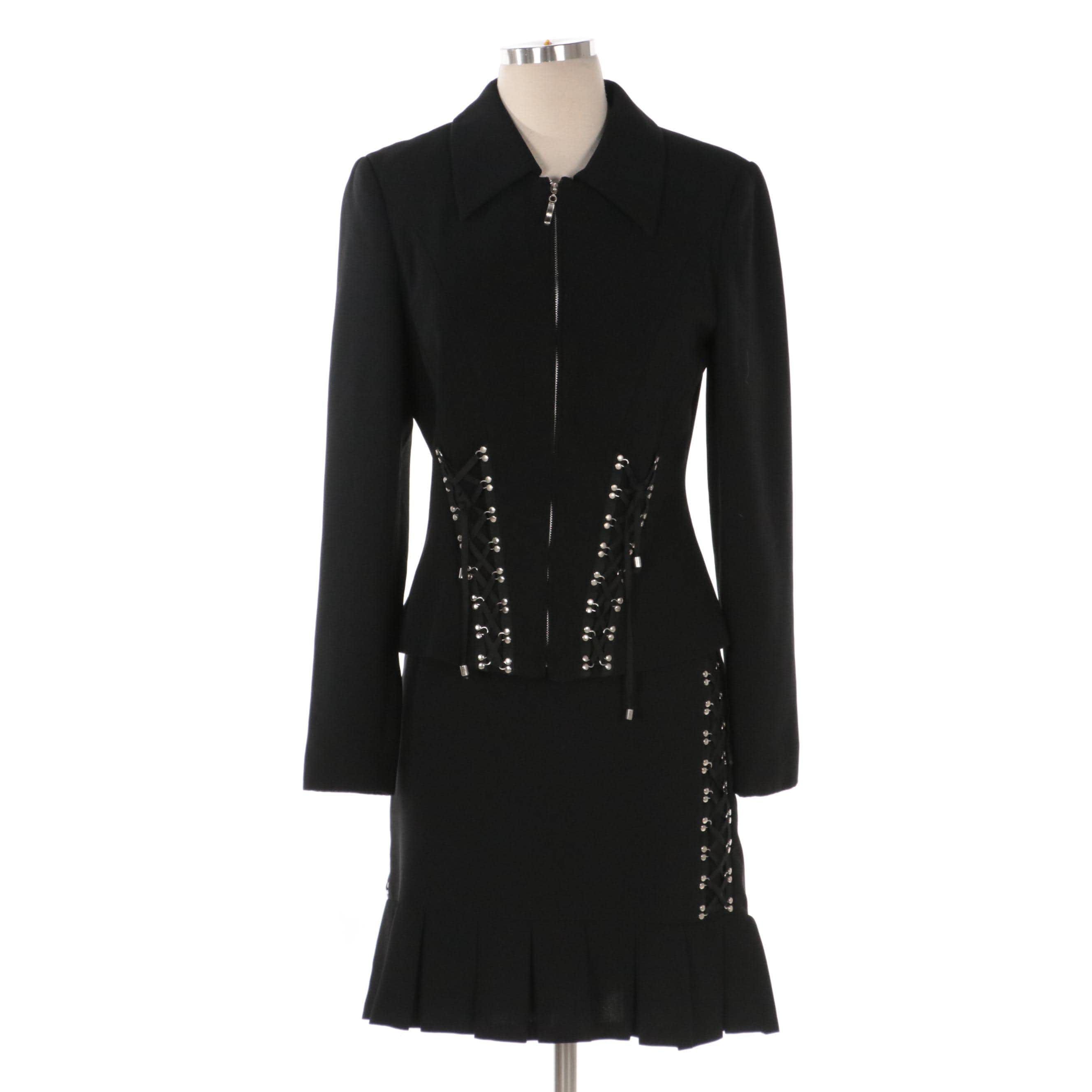 Caché Lace-Up Detail Skirt Suit with Zip Front Jacket and Pleated Hem Skirt