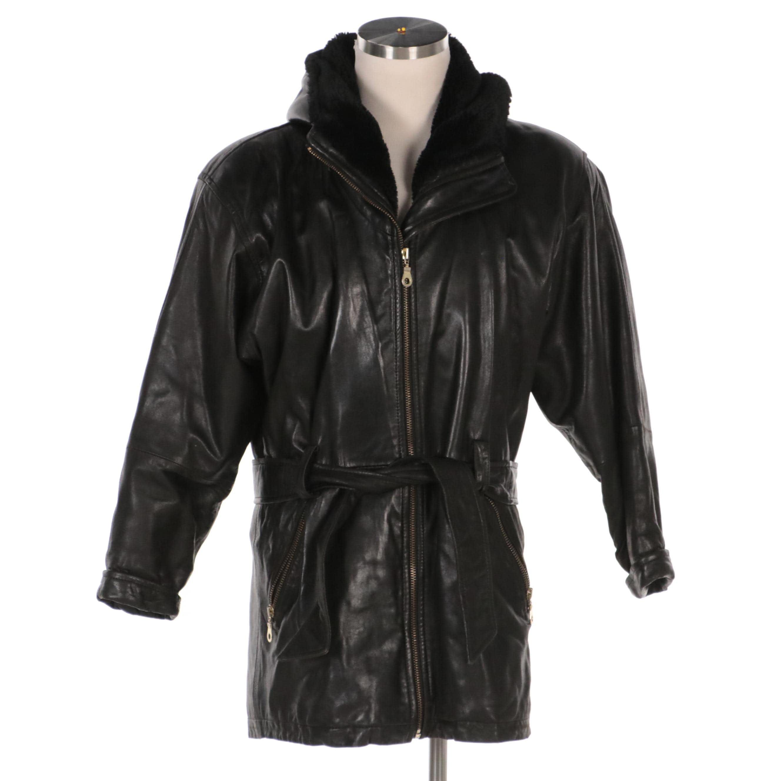 Andrew Marc New York Leather Zipper-Front Hooded Coat with Faux Shearling