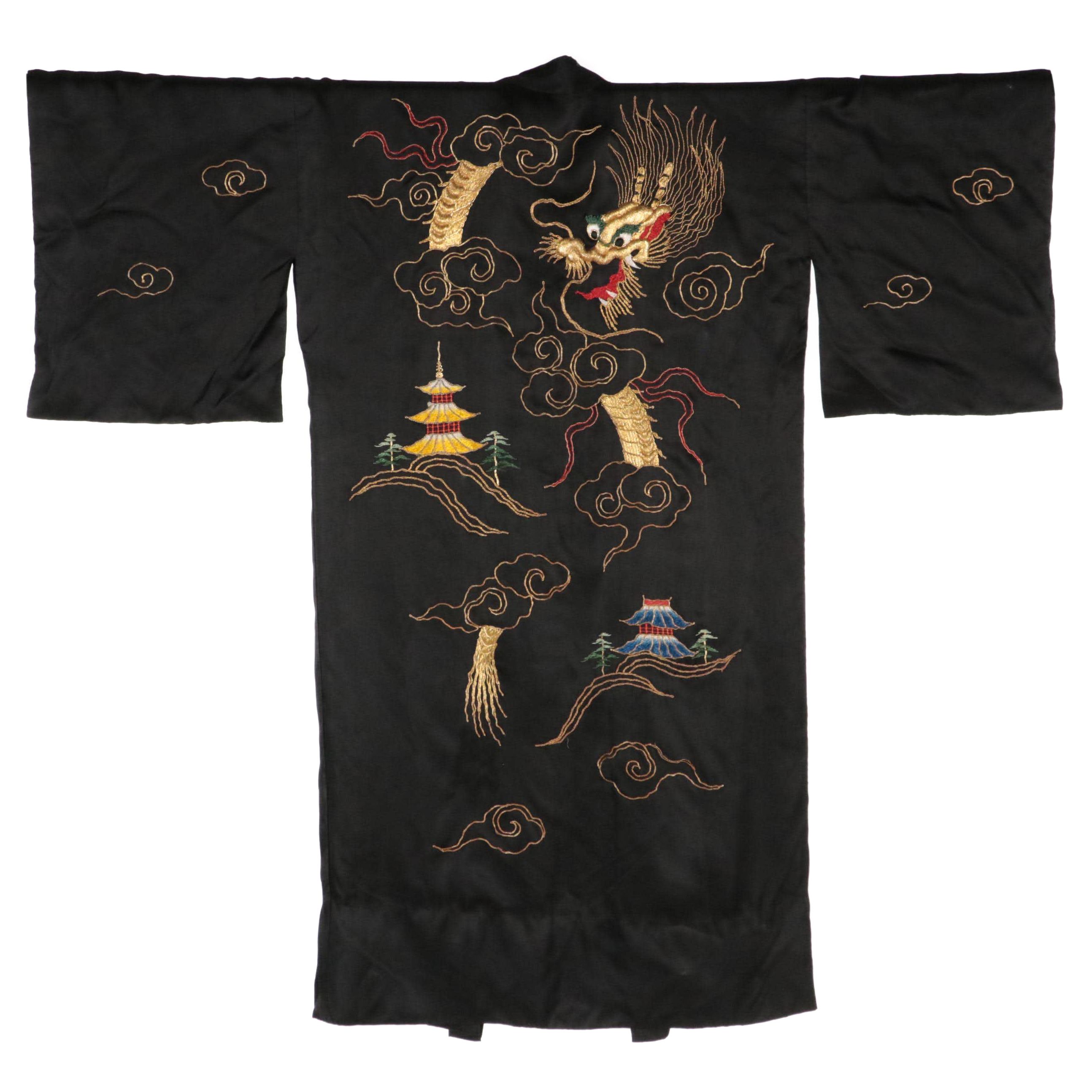 Black Satin Embroidered Dragon Kimono with Clouds and Pagoda