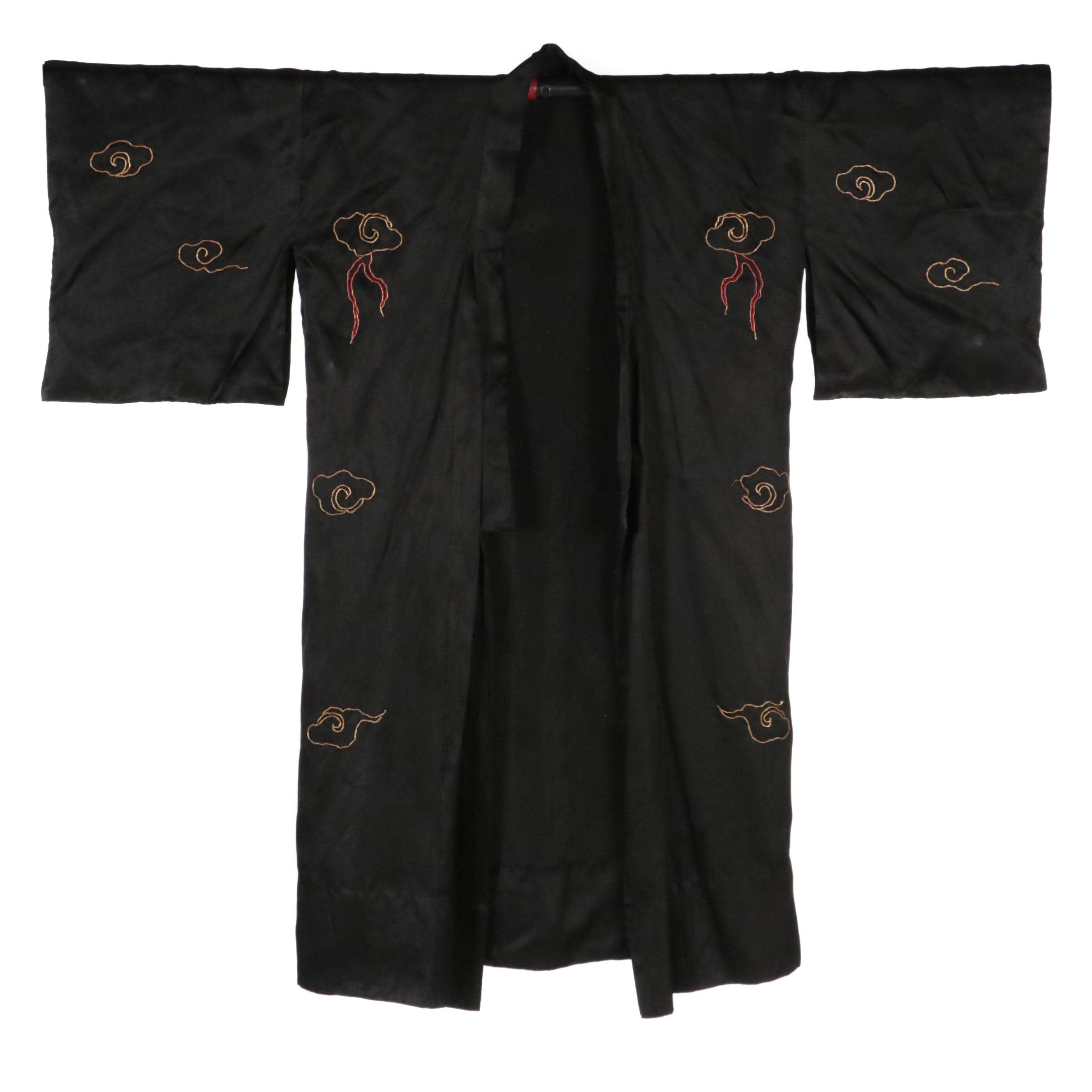 Black Satin Embroidered Dragon Kimono with Clouds and Pagoda
