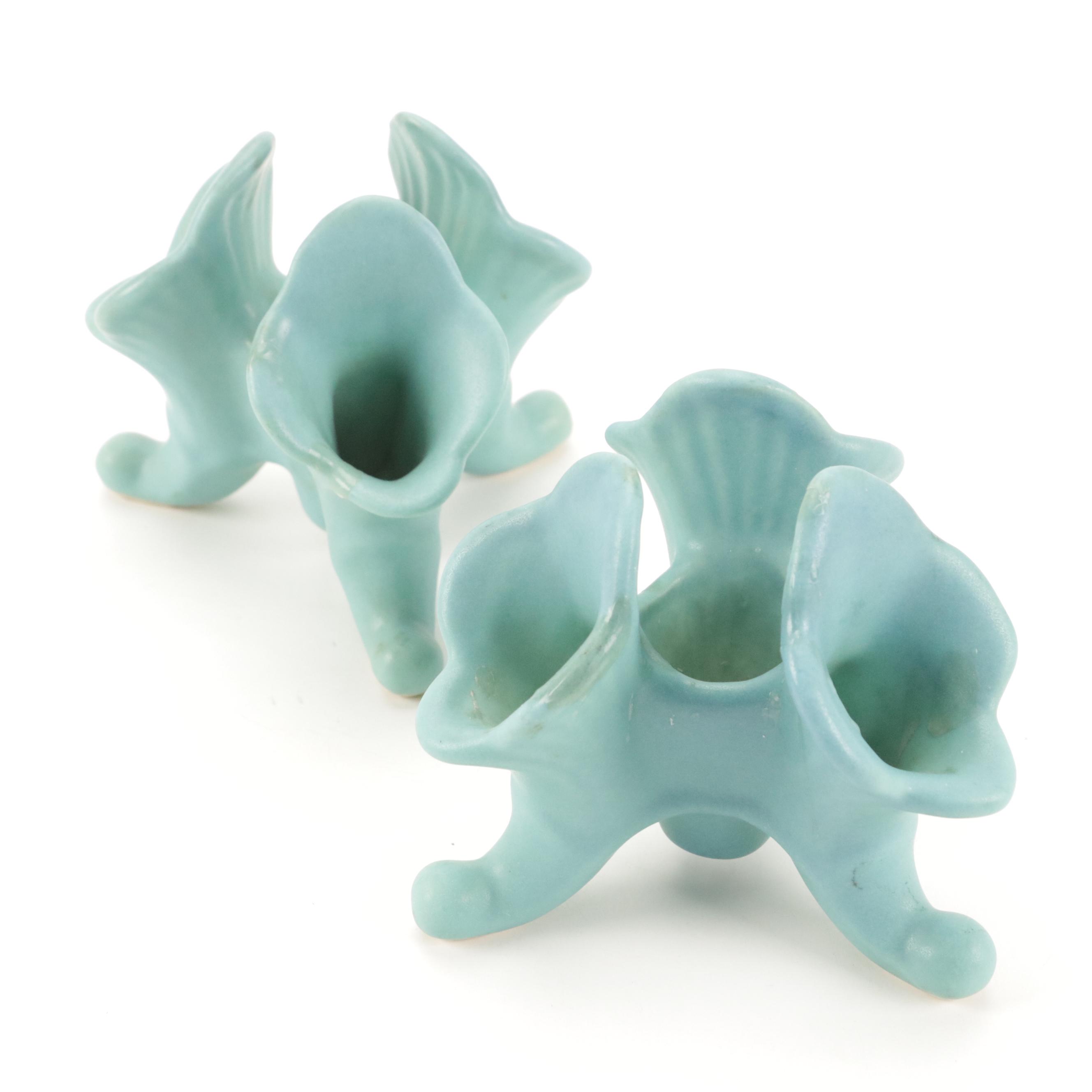 Van Briggle Matte Turquoise Pottery Three-Footed Flower Candlesticks