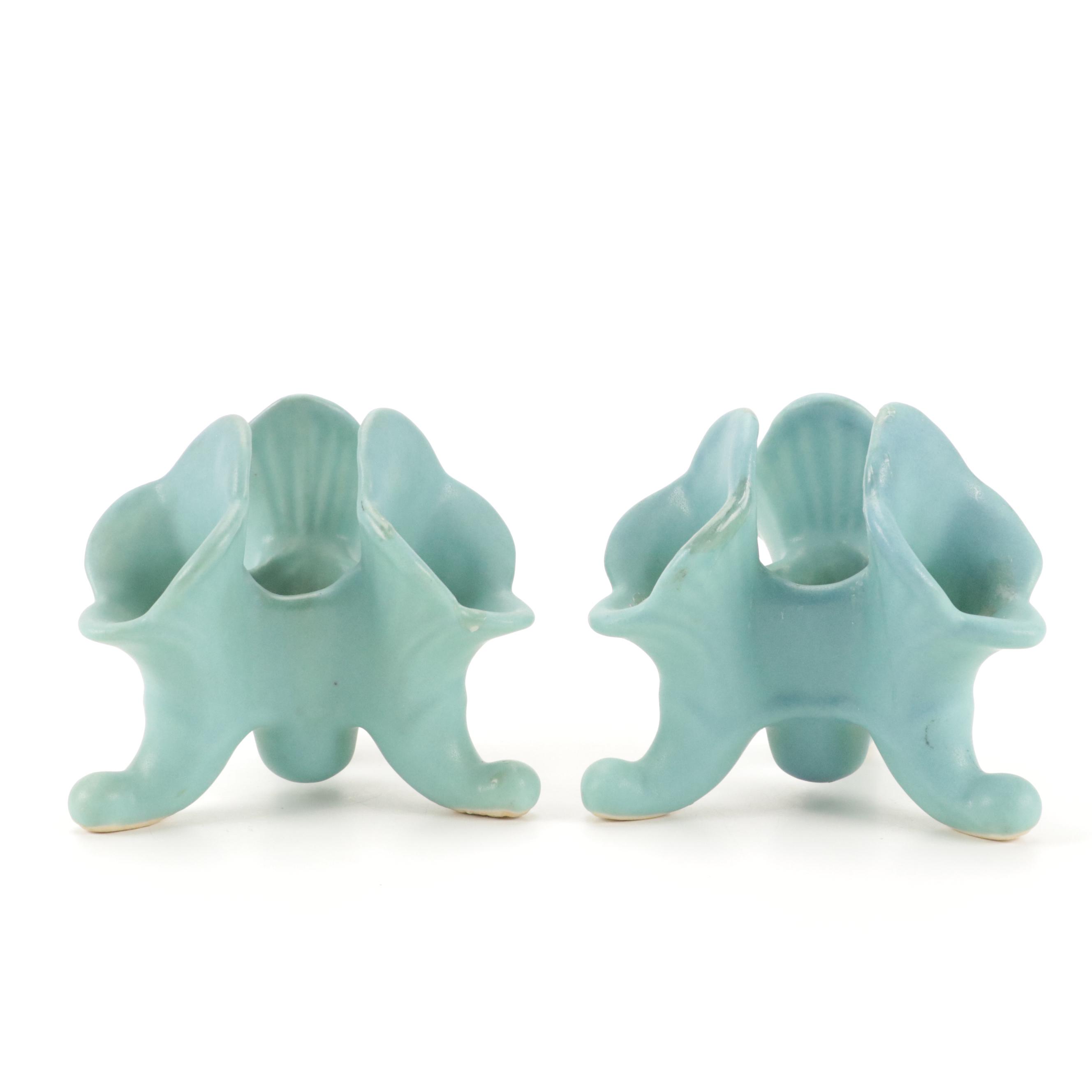 Van Briggle Matte Turquoise Pottery Three-Footed Flower Candlesticks