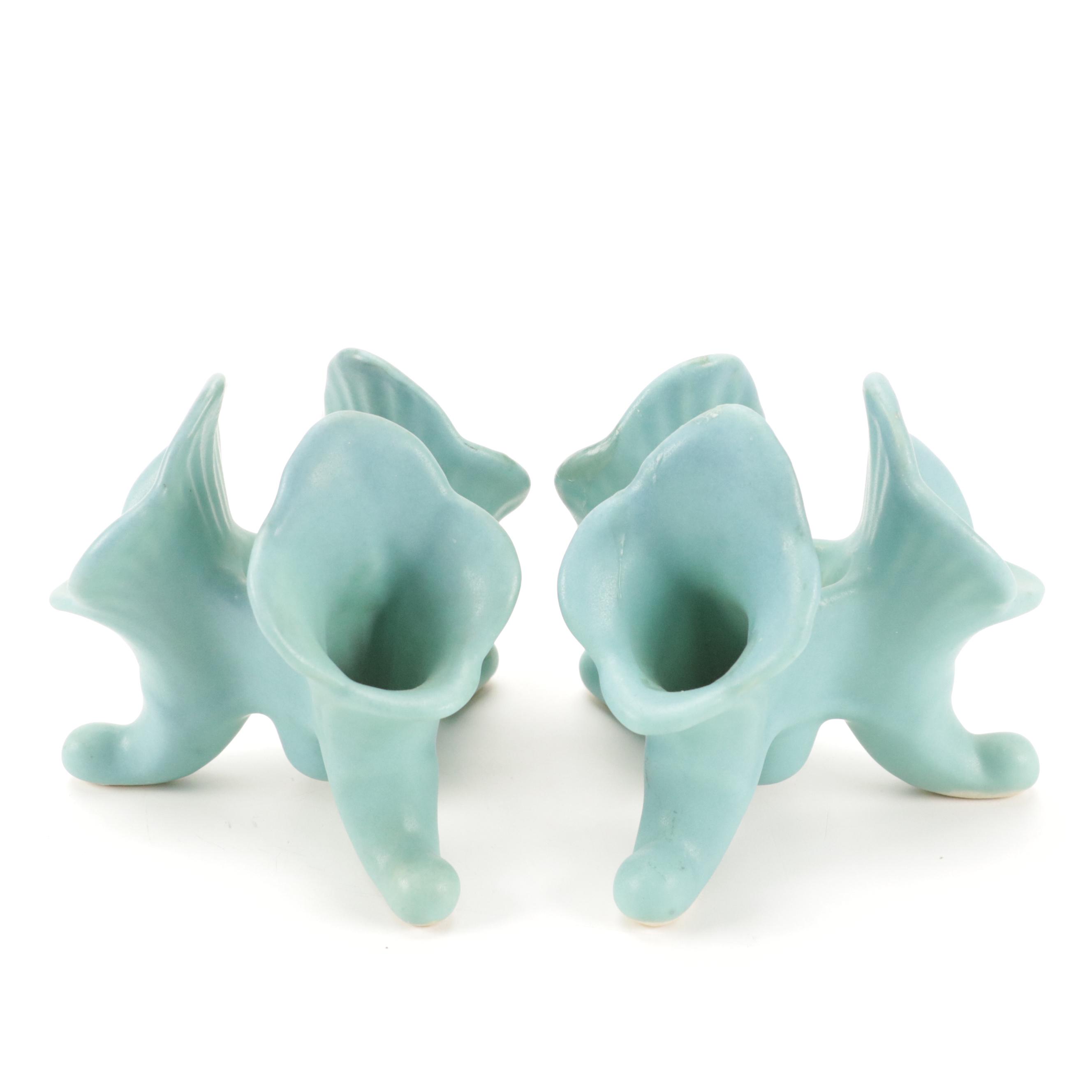 Van Briggle Matte Turquoise Pottery Three-Footed Flower Candlesticks