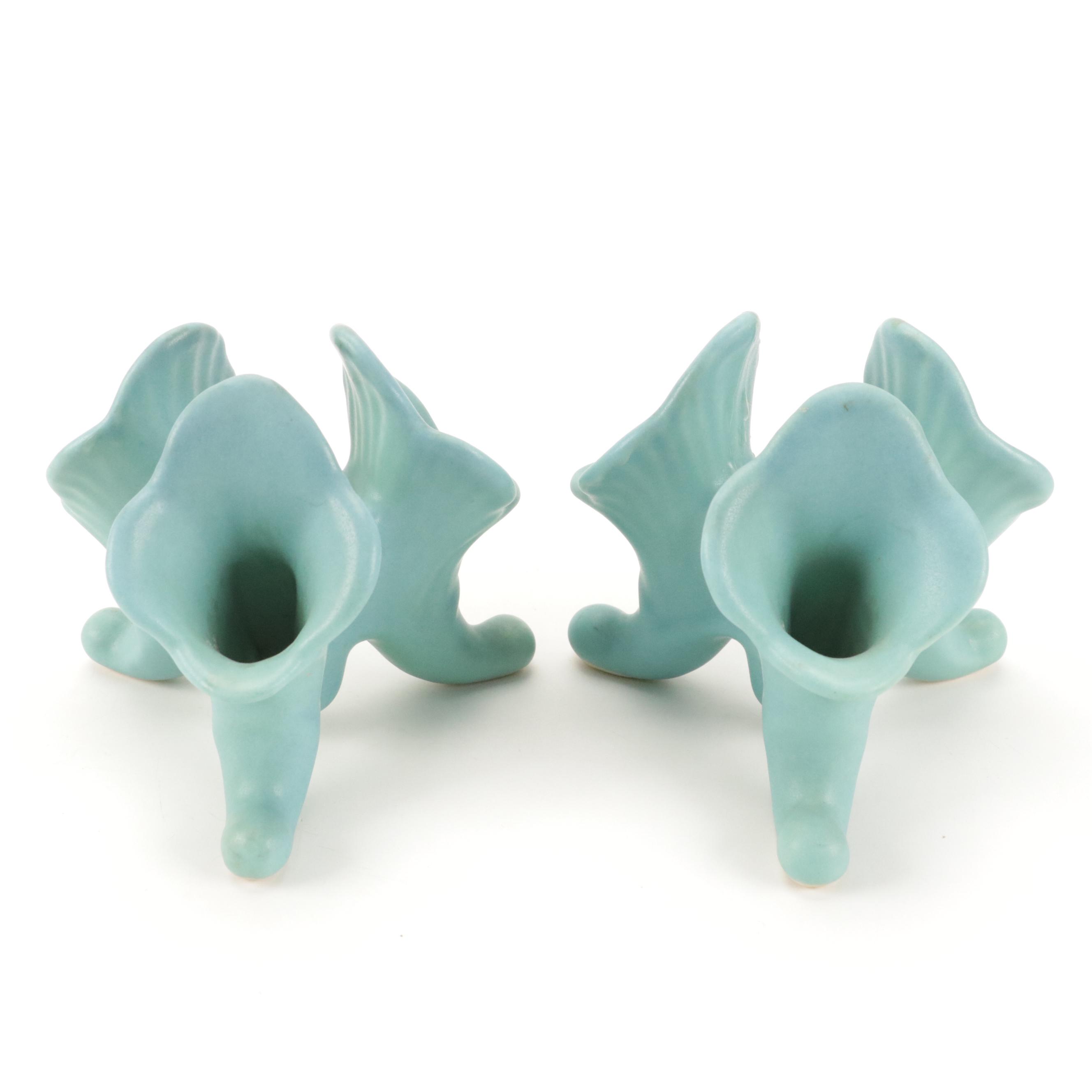 Van Briggle Matte Turquoise Pottery Three-Footed Flower Candlesticks